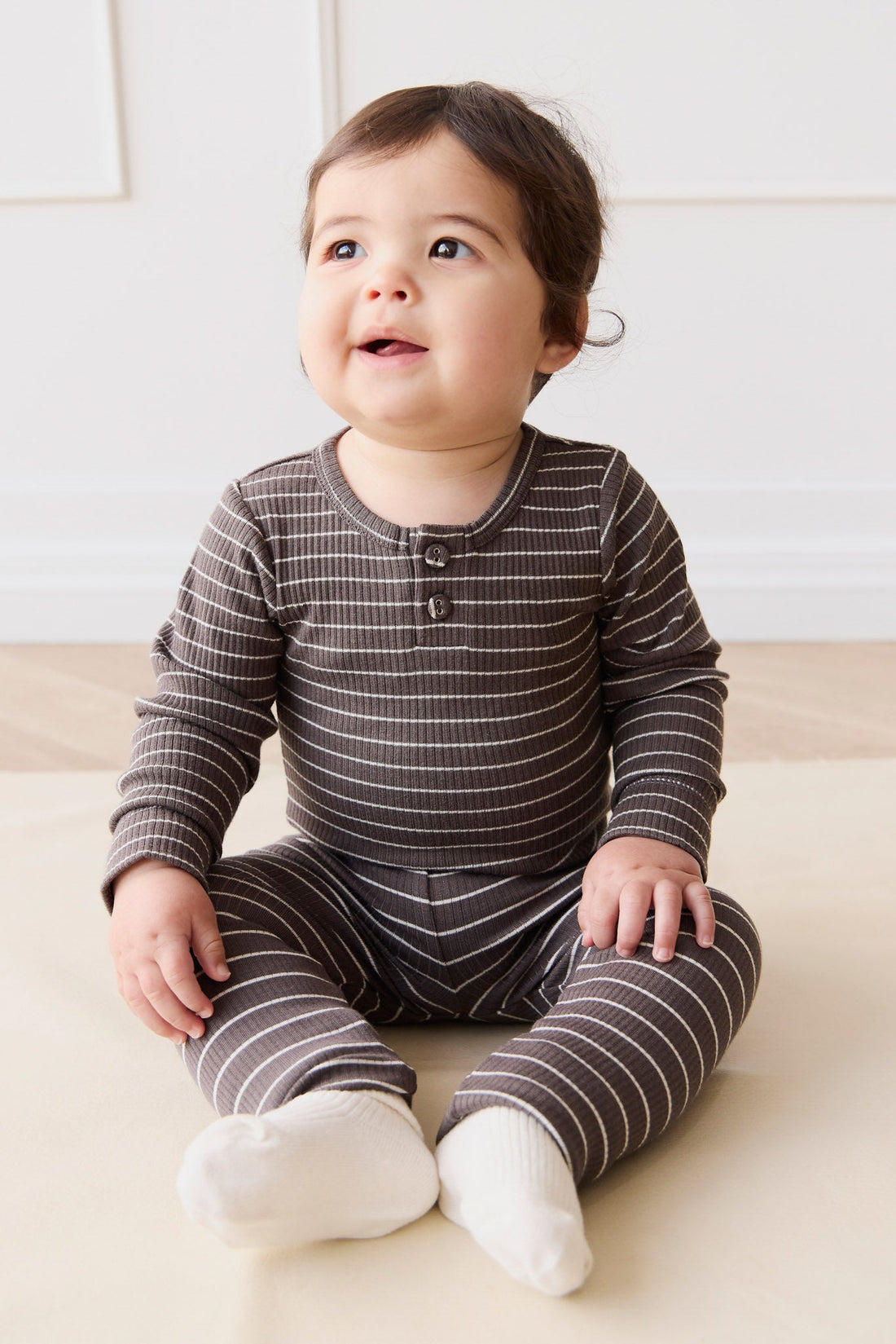 Organic Cotton Modal Long Sleeve Bodysuit - Daily Stripe Wolf/Cloud Childrens Bodysuit from Jamie Kay Australia