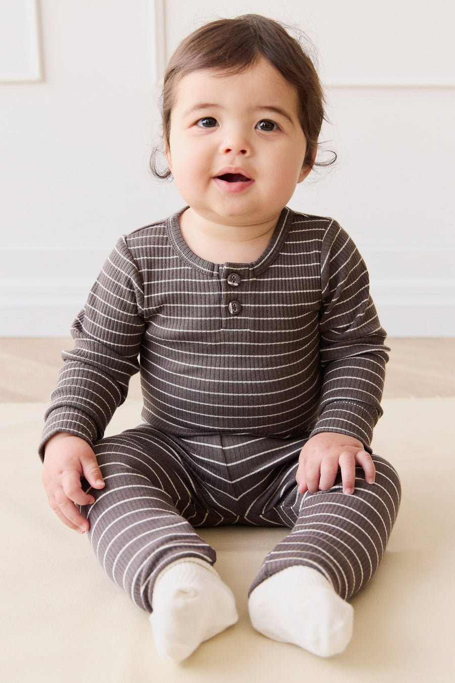 Organic Cotton Modal Long Sleeve Bodysuit - Daily Stripe Wolf/Cloud Childrens Bodysuit from Jamie Kay Australia