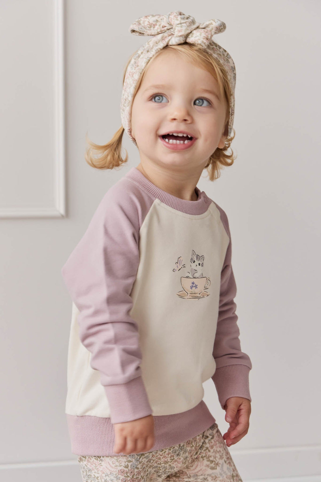 Organic Cotton Tao Sweatshirt - Parchment Kitty Teacup Lilac Childrens Top from Jamie Kay Australia