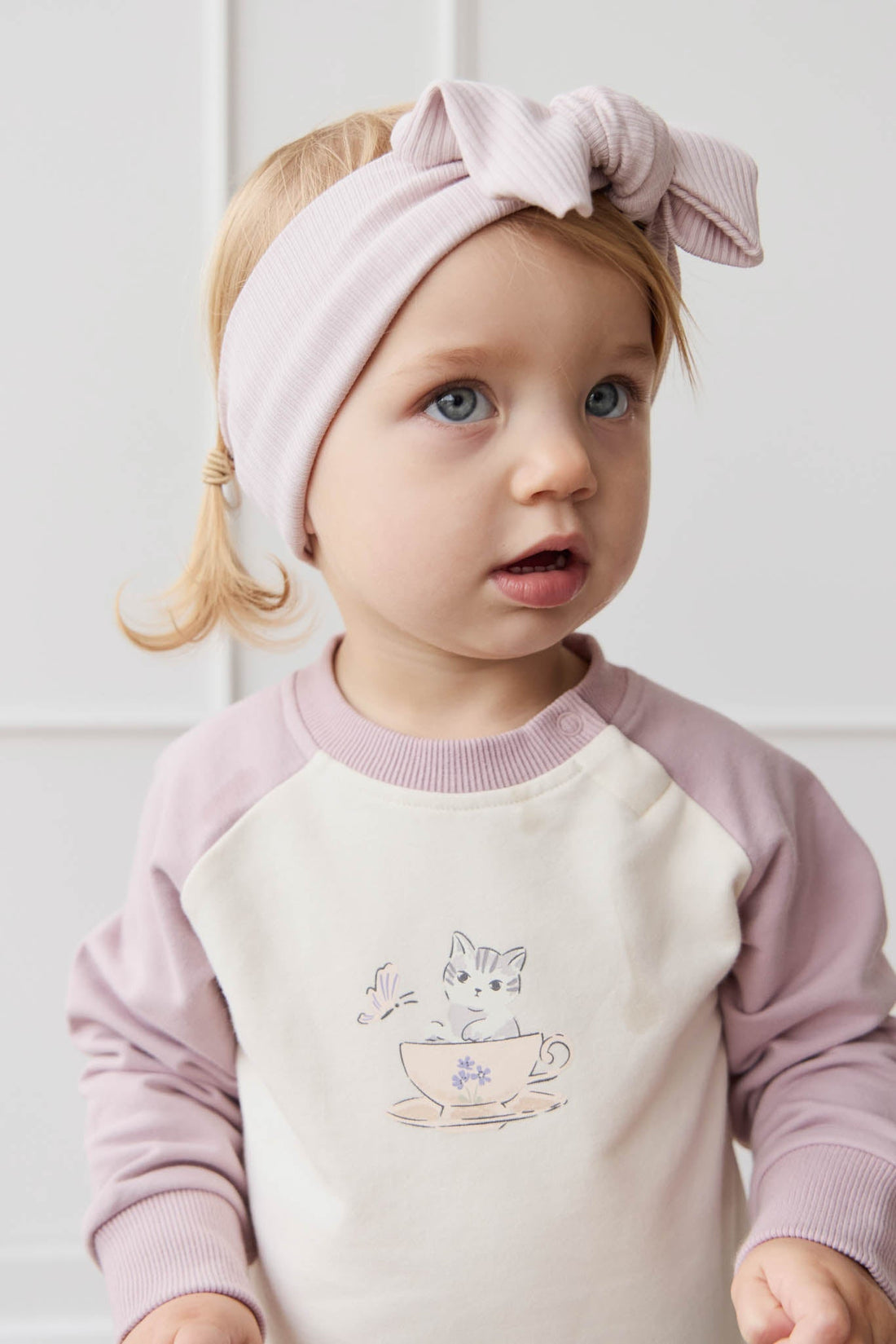 Organic Cotton Tao Sweatshirt - Parchment Kitty Teacup Lilac Childrens Top from Jamie Kay Australia