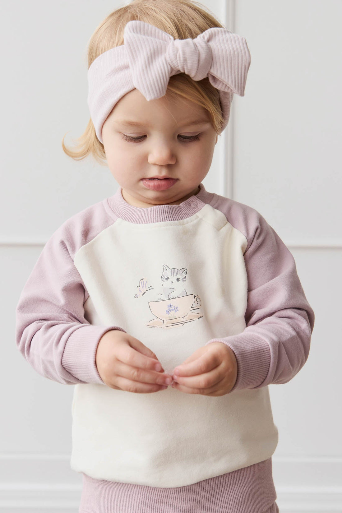 Organic Cotton Tao Sweatshirt - Parchment Kitty Teacup Lilac Childrens Top from Jamie Kay Australia