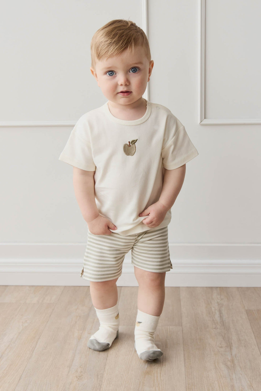 Pima Cotton Marley Short - Narrow Stripe Moss/Cloud Childrens Short from Jamie Kay Australia