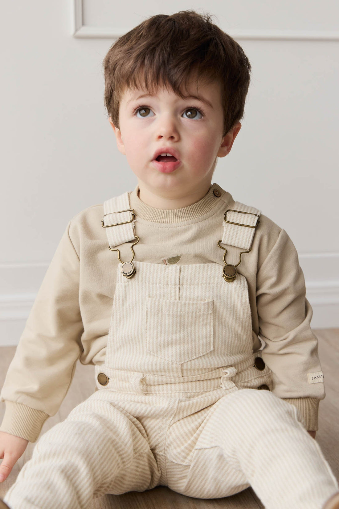 Jordie Overall - Fine Stripe Biscuit/Cloud Childrens Overall from Jamie Kay Australia