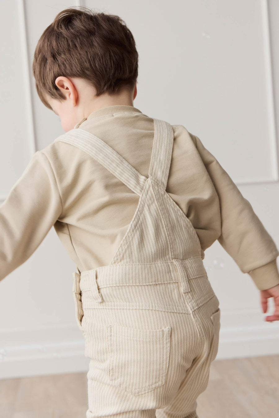 Jordie Overall - Fine Stripe Biscuit/Cloud Childrens Overall from Jamie Kay Australia