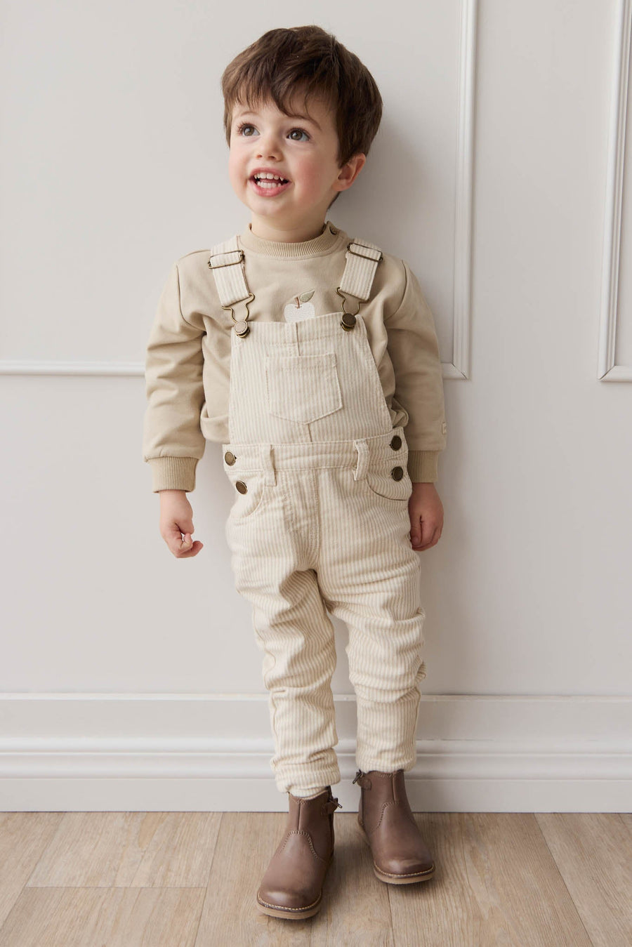 Jordie Overall - Fine Stripe Biscuit/Cloud Childrens Overall from Jamie Kay Australia