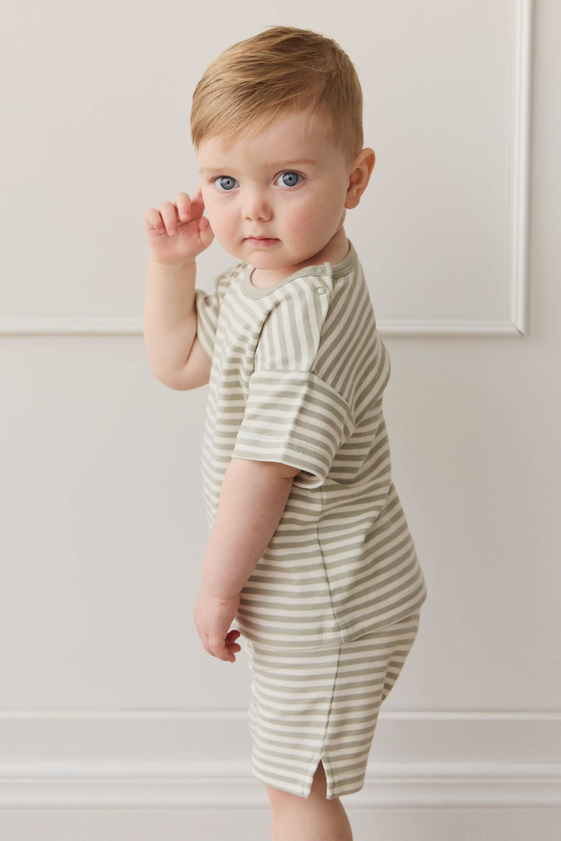 Pima Cotton Hunter Tee - Narrow Stripe Moss/Cloud Childrens Top from Jamie Kay Australia