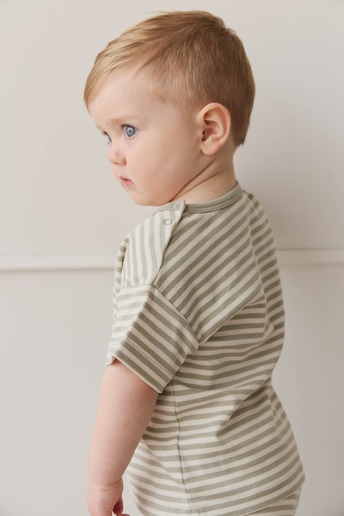 Pima Cotton Hunter Tee - Narrow Stripe Moss/Cloud Childrens Top from Jamie Kay Australia