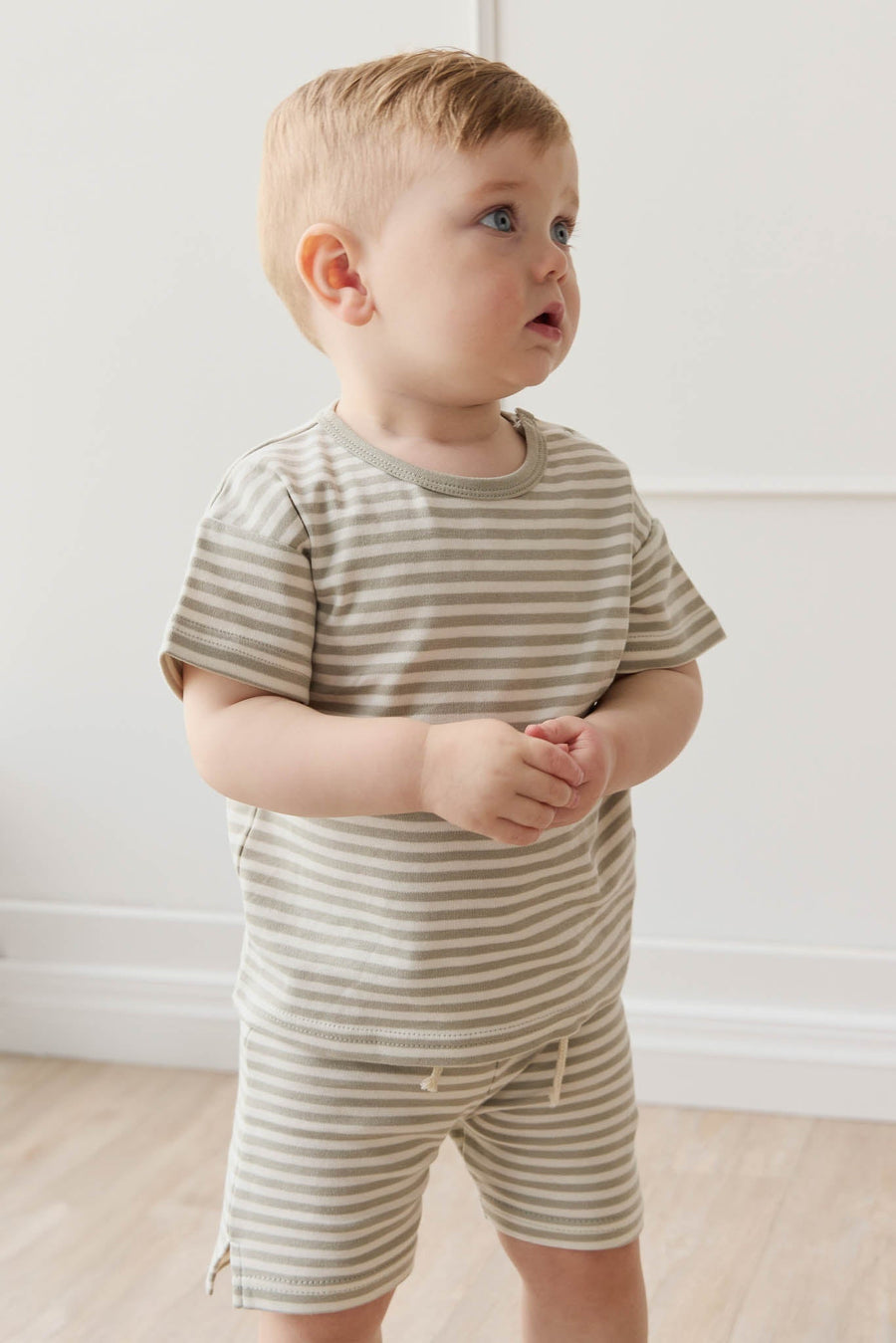 Pima Cotton Hunter Tee - Narrow Stripe Moss/Cloud Childrens Top from Jamie Kay Australia