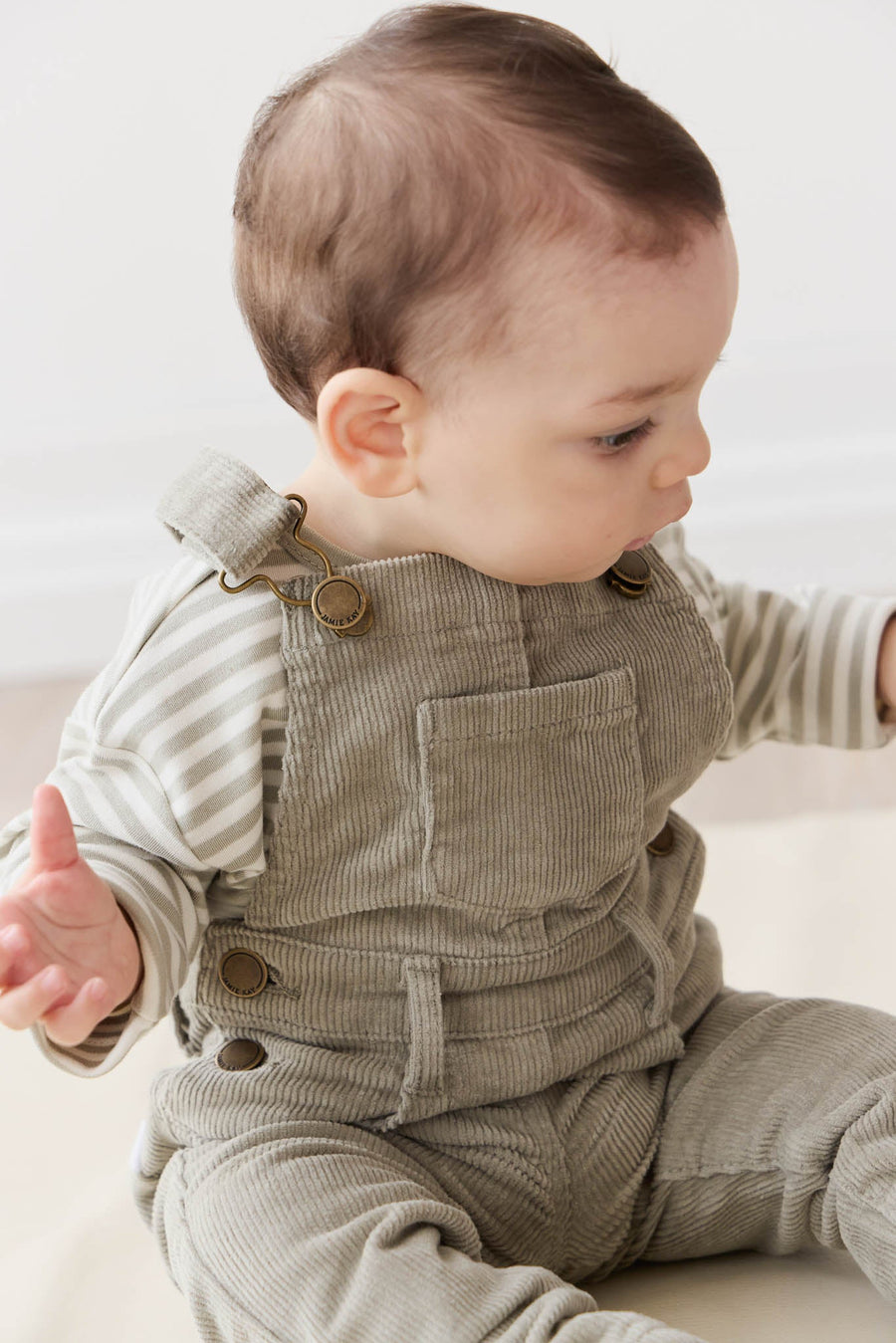 Pima Cotton Arnold Long Sleeve Top - Narrow Stripe Moss/Cloud Childrens Top from Jamie Kay Australia