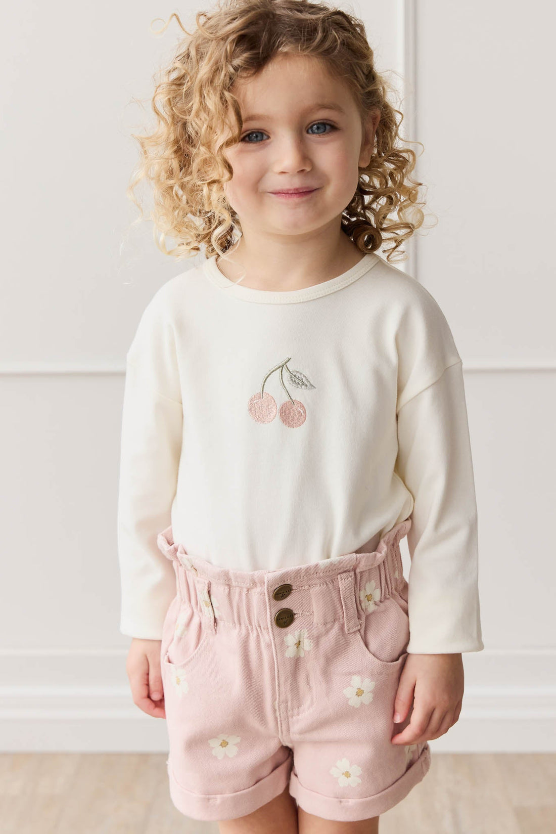 Pima Cotton Arnold Long Sleeve Top - Parchment Petite Cherry Childrens Top from Jamie Kay Australia