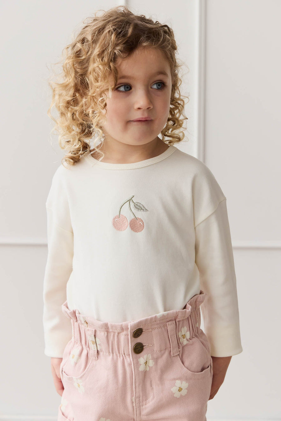 Pima Cotton Arnold Long Sleeve Top - Parchment Petite Cherry Childrens Top from Jamie Kay Australia