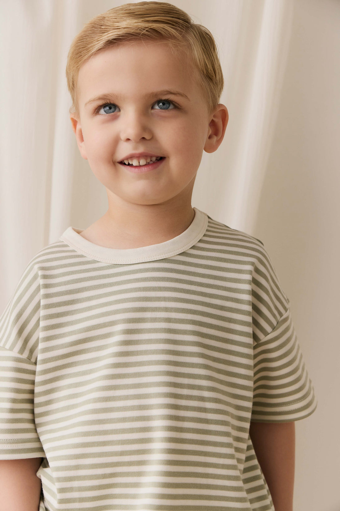 Pima Cotton Wesley Tee - Narrow Stripe Lichen / Cloud Childrens Top from Jamie Kay Australia
