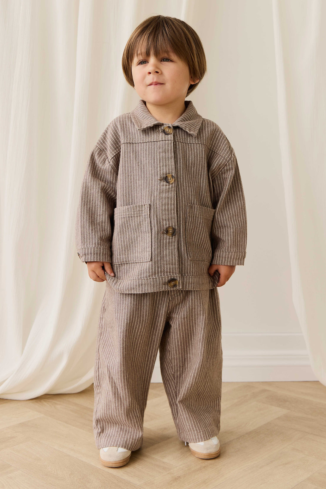 Axel Jacket-Mini Pinstripe Cassava / Iroko Childrens Jacket from Jamie Kay Australia