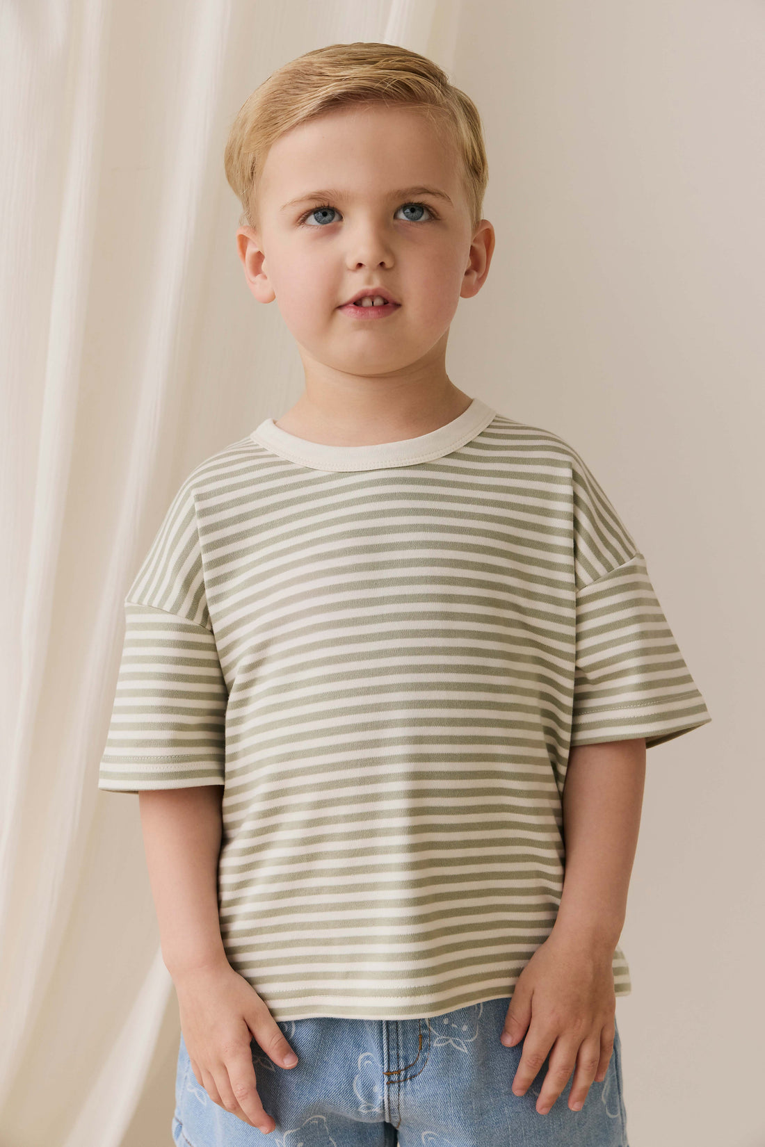 Pima Cotton Wesley Tee - Narrow Stripe Lichen / Cloud Childrens Top from Jamie Kay Australia
