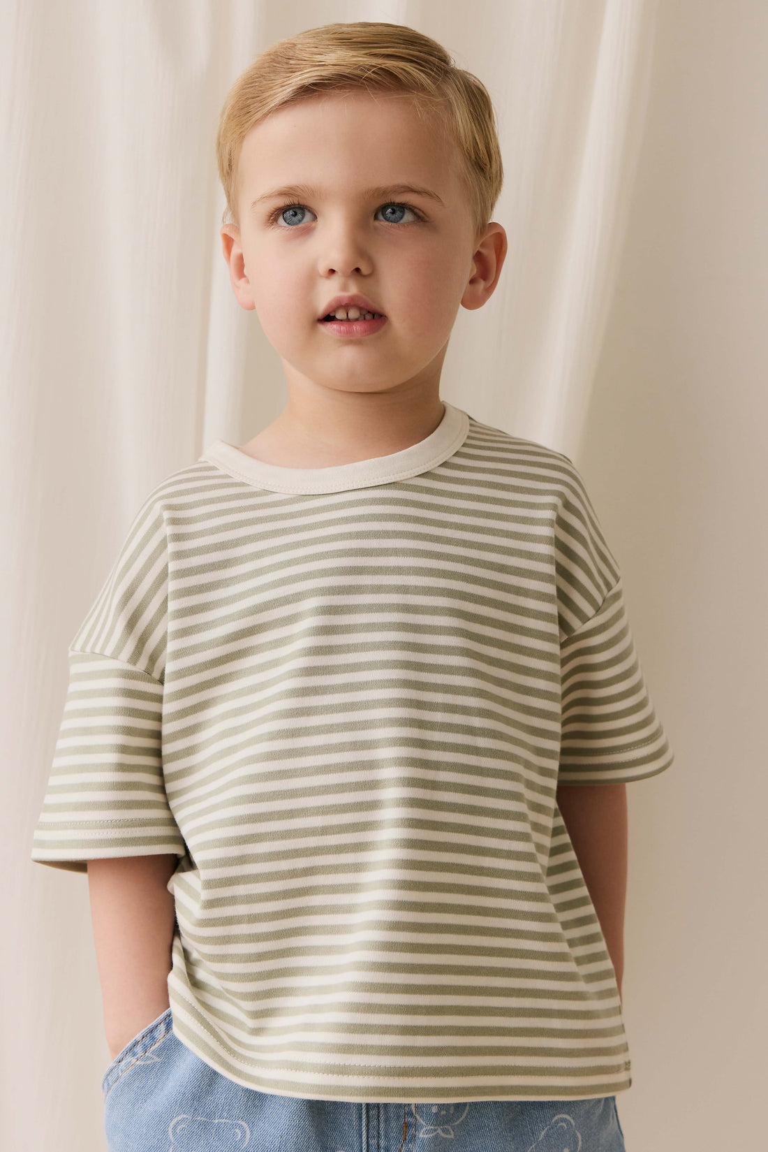 Pima Cotton Wesley Tee - Narrow Stripe Lichen / Cloud Childrens Top from Jamie Kay Australia