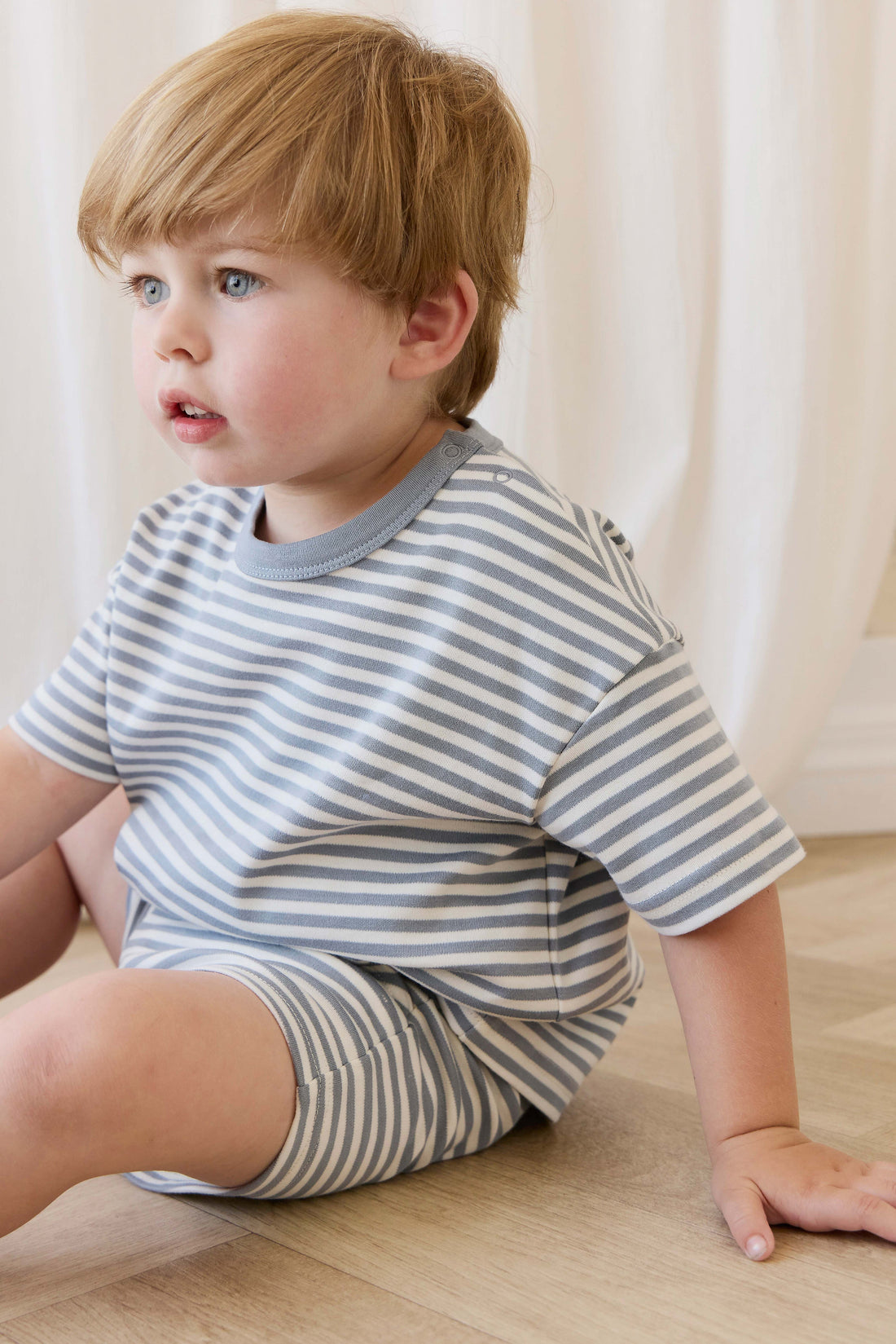 Pima Cotton Wesley Short-Narrow Stripe Dawn / Cloud Childrens Shorts from Jamie Kay Australia