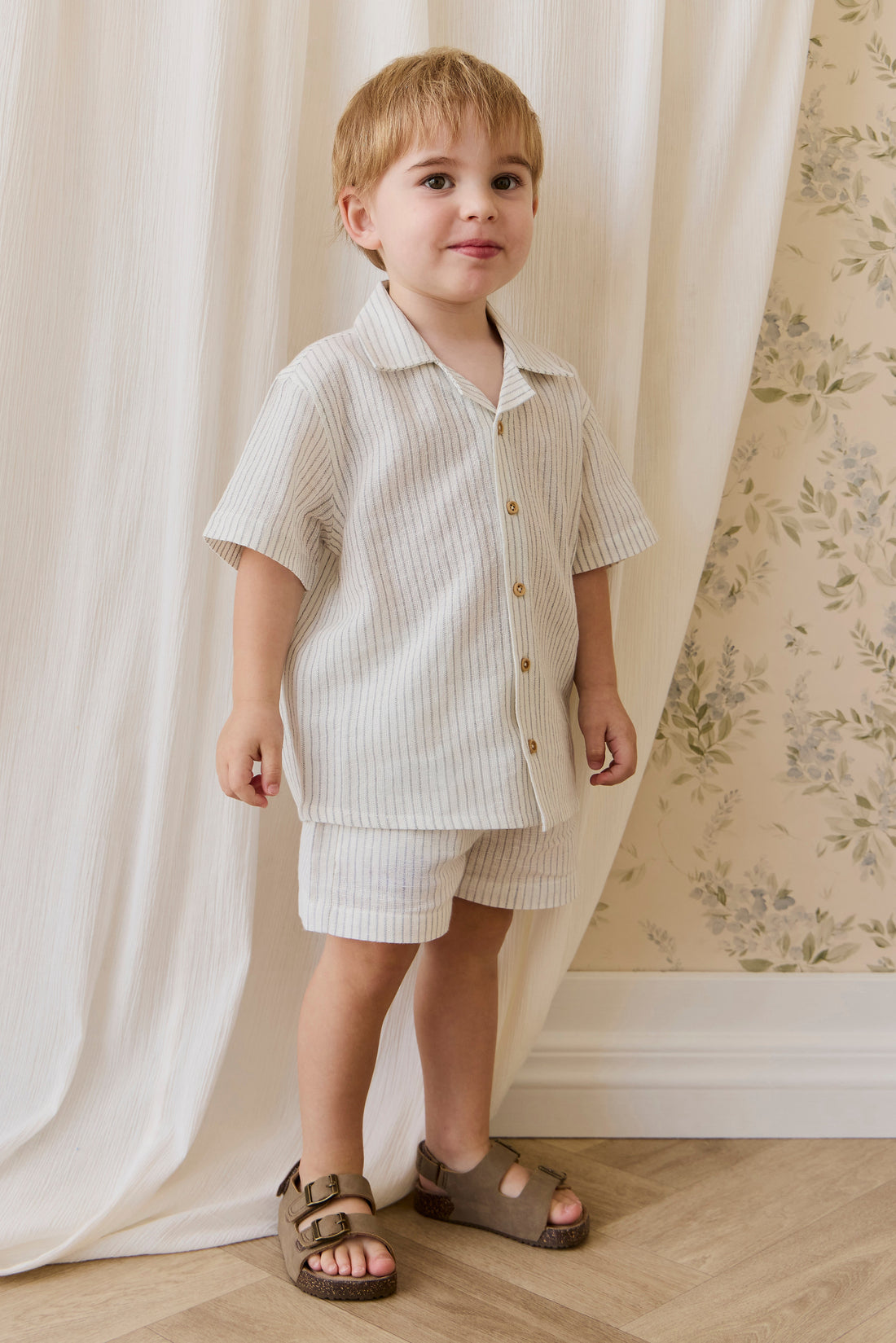 Organic Cotton Louis Short-Mini Pinstripe Parchment / Dawn Childrens short from Jamie Kay Australia