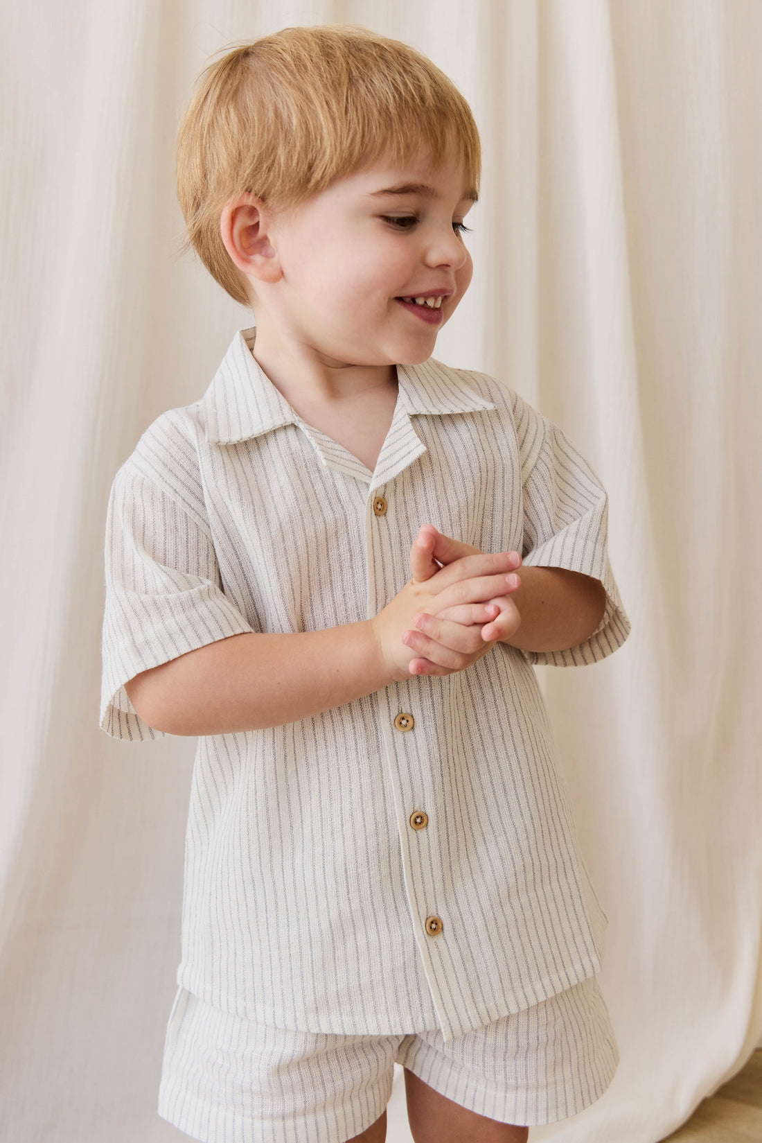 Organic Cotton Louis Short-Mini Pinstripe Parchment / Dawn Childrens short from Jamie Kay Australia