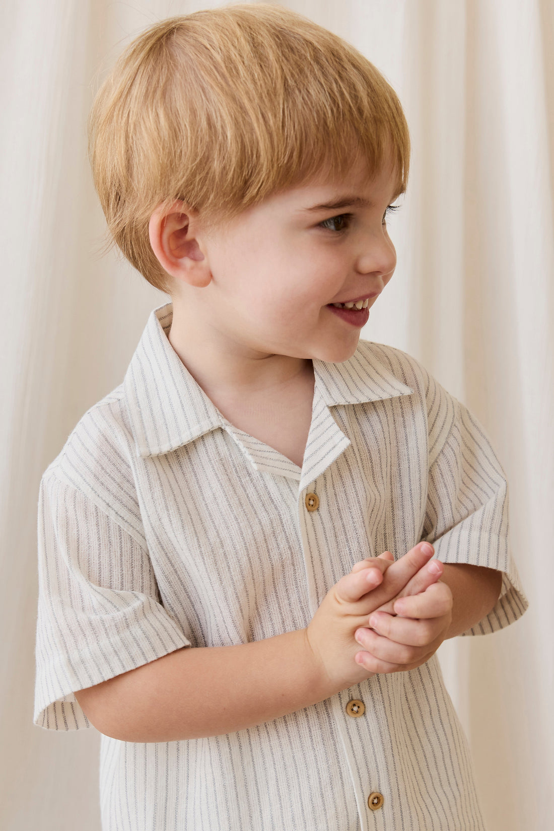 Organic Cotton Silas Shirt-Mini Pinstripe Parchment / Dawn Childrens Top from Jamie Kay Australia