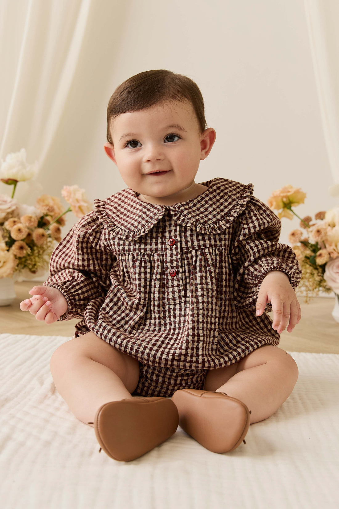 Organic Cotton Elowen Playsuit - Cinnamon Gingham Childrens Playsuit from Jamie Kay Australia