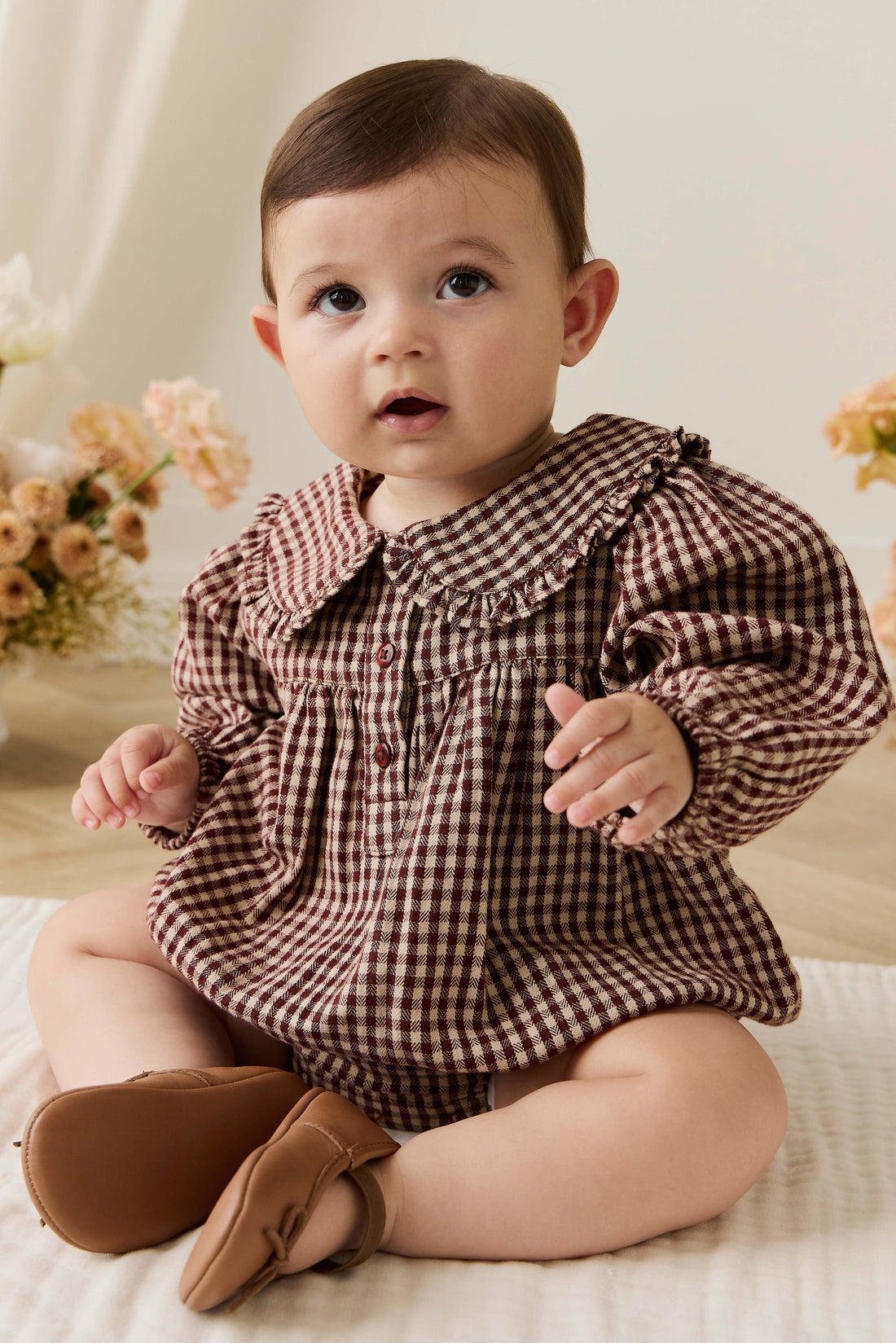 Organic Cotton Elowen Playsuit - Cinnamon Gingham Childrens Playsuit from Jamie Kay Australia