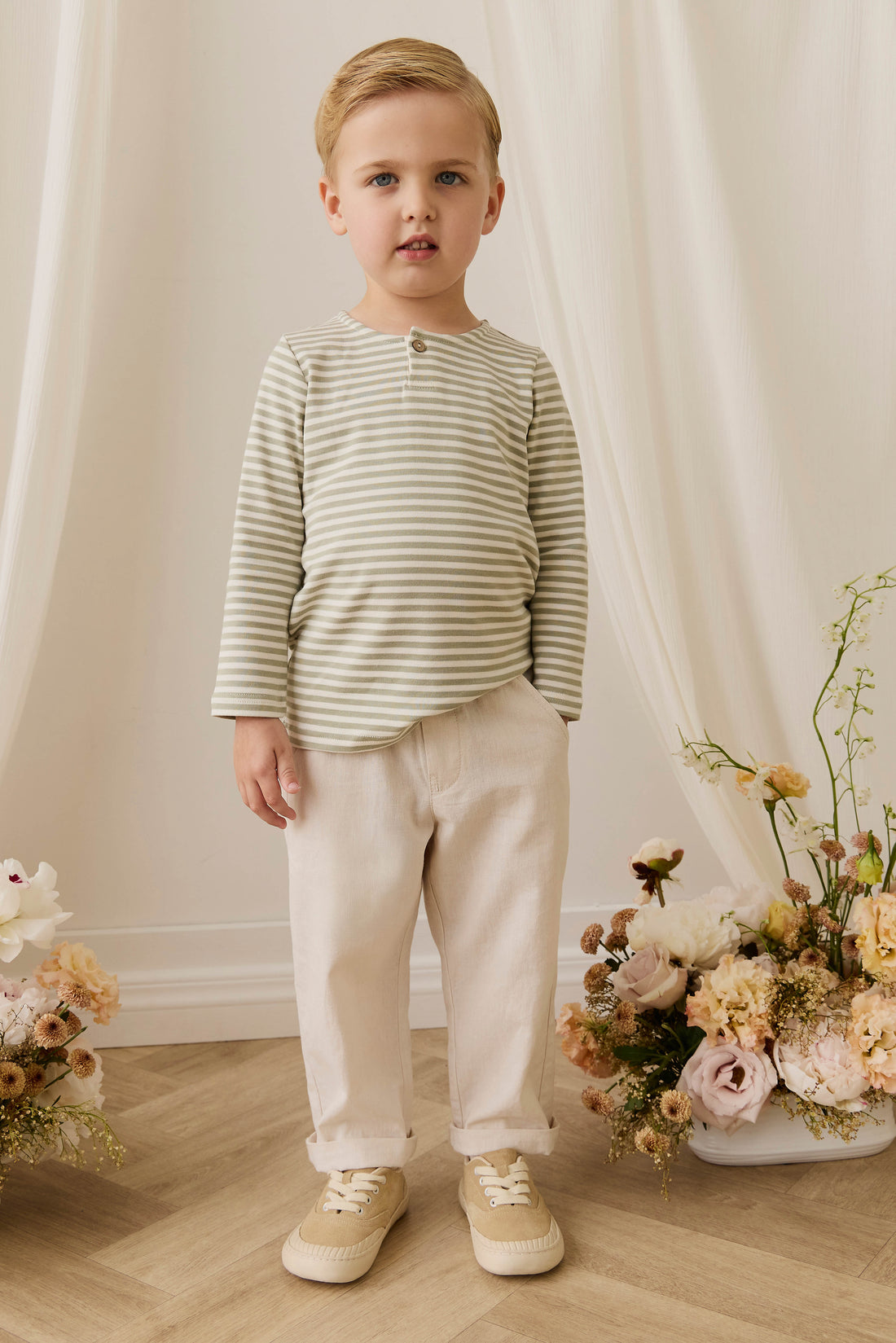 Pima Cotton Shae Top - Narrow Stripe Lichen / Cloud Childrens Top from Jamie Kay Australia