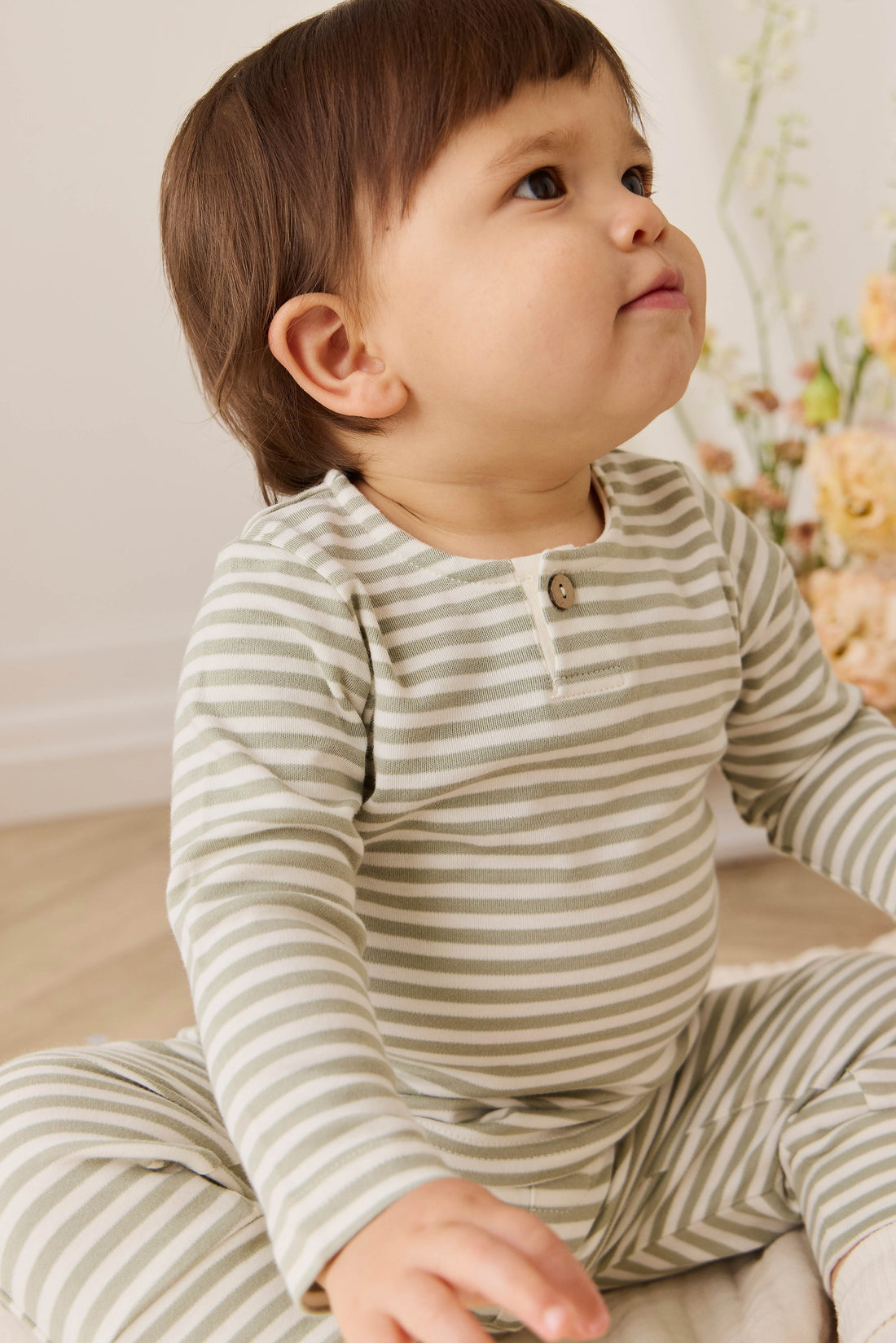 Pima Cotton Wesley Pant - Narrow Stripe Lichen / Cloud Childrens Pant from Jamie Kay Australia
