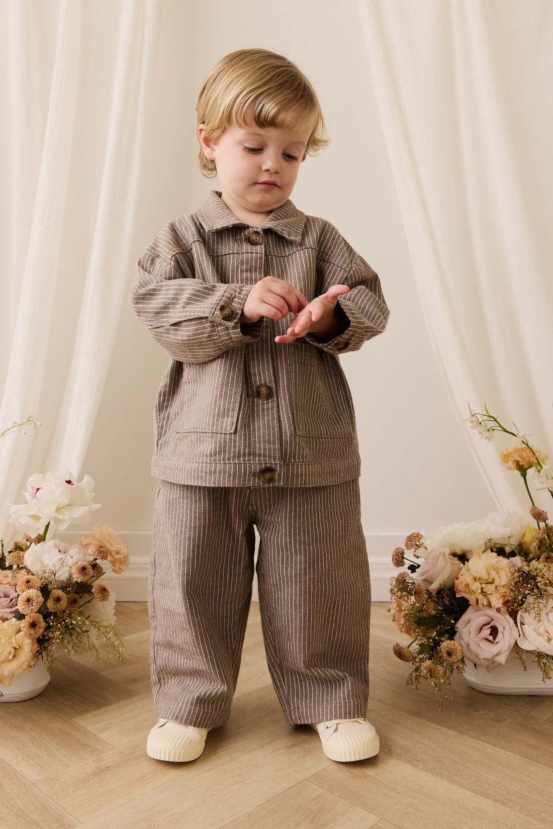 Abel Pant - Mini Pinstripe Cassava / Iroko Childrens Pant from Jamie Kay Australia