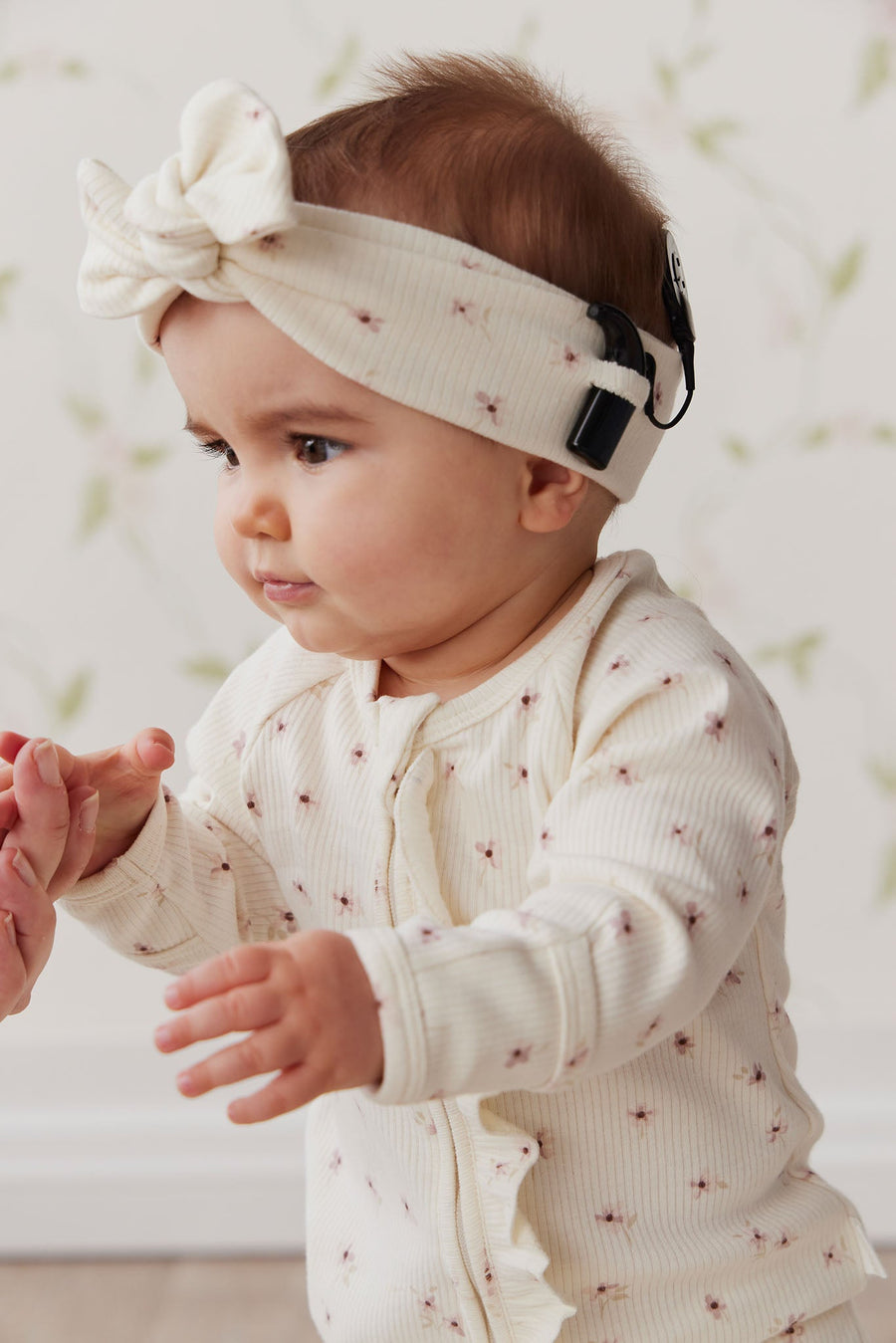 Organic Cotton Fine Rib Headband - Simple Flowers Egret Childrens Headband from Jamie Kay Australia