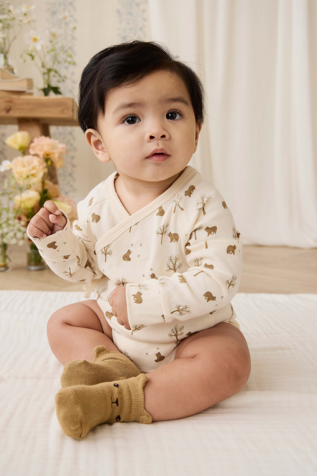 Organic Cotton Ames Wrap Long Sleeve Bodysuit - Honey Bear Cloud Childrens Bodysuit from Jamie Kay Australia