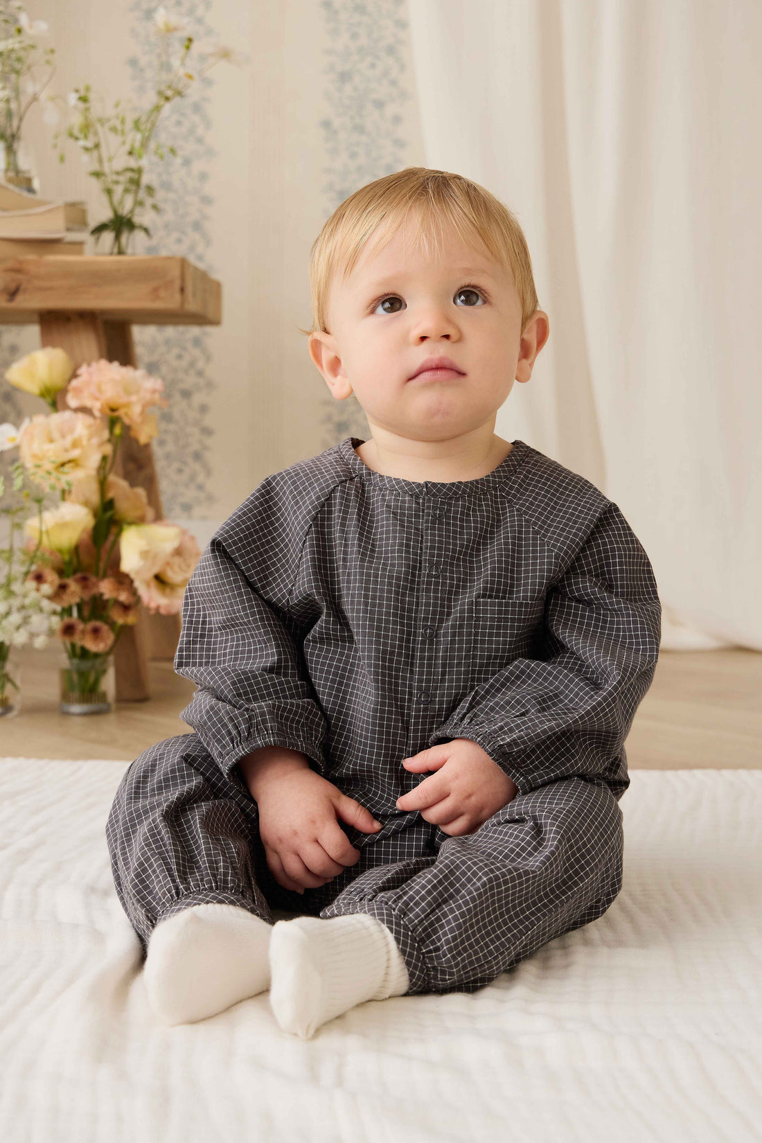 Organic Cotton Milton Onepiece - Basalt Grid Childrens Onepiece from Jamie Kay Australia