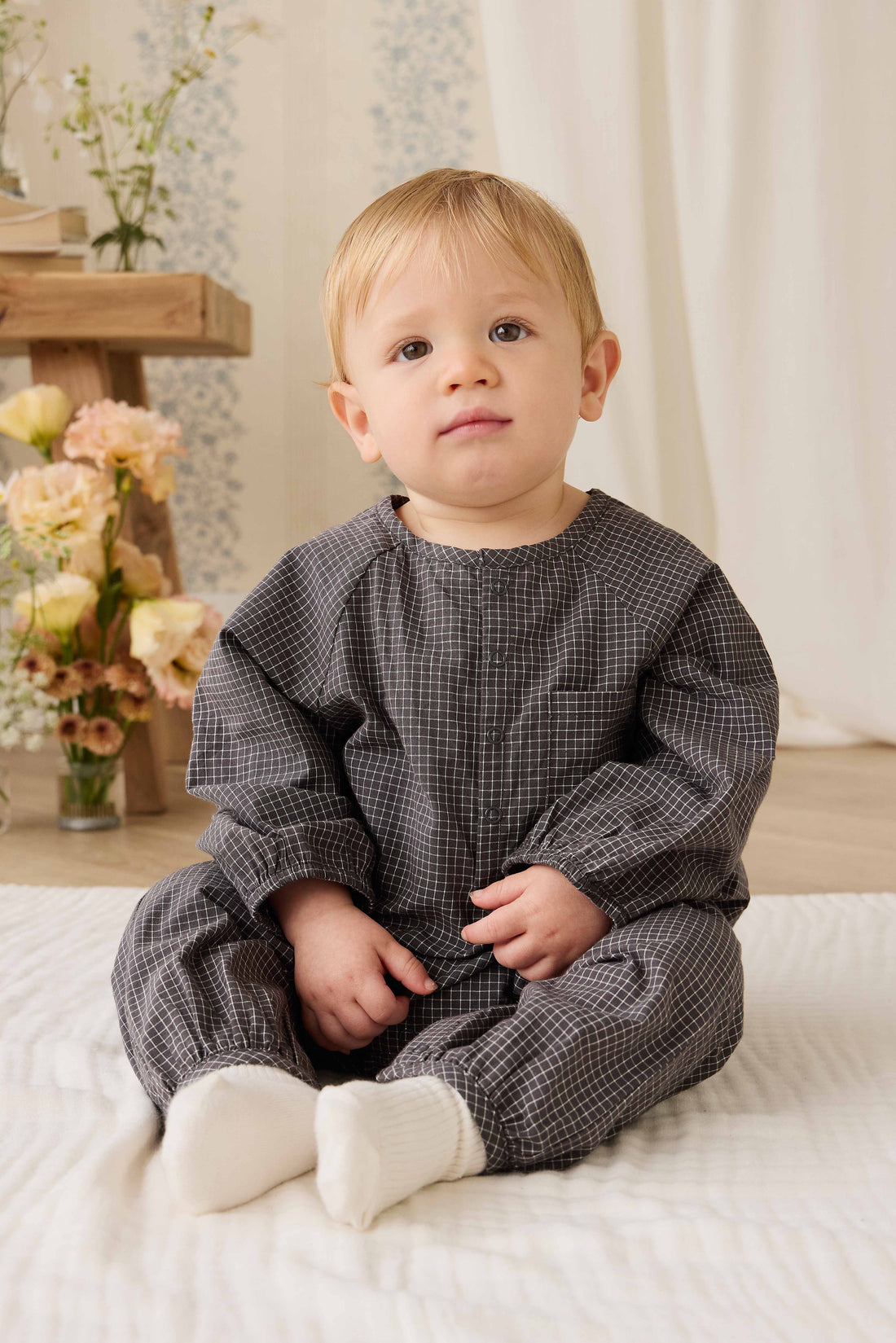 Organic Cotton Milton Onepiece - Basalt Grid Childrens Onepiece from Jamie Kay Australia