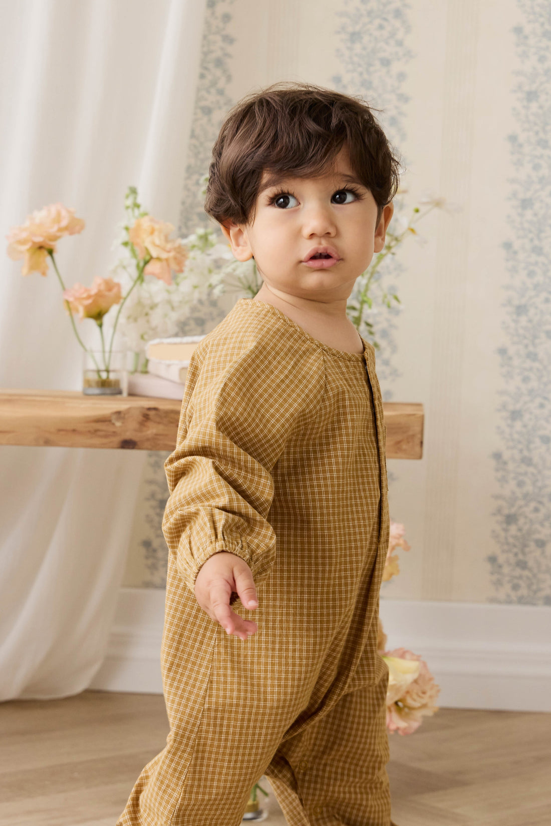 Organic Cotton Milton Onepiece - Windowpane Check Buckwheat Childrens Onepiece from Jamie Kay Australia