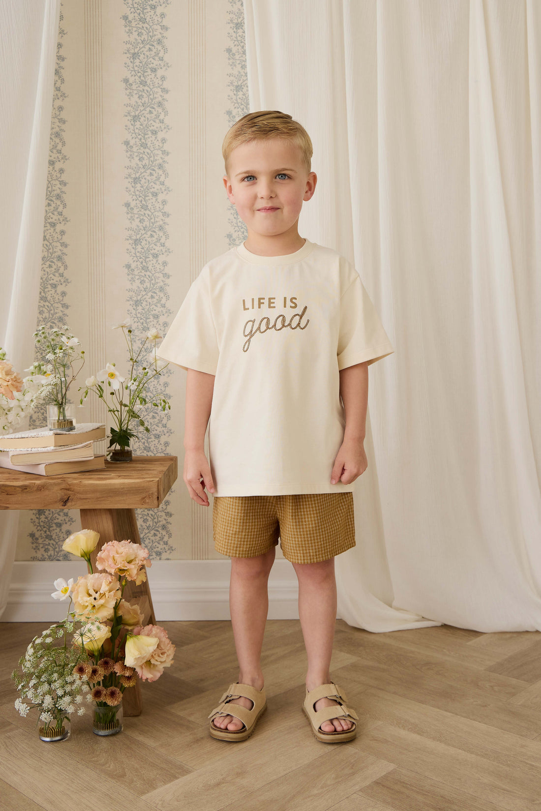 Organic Cotton Wilder Short - Windowpane Check Buckwheat Childrens Short from Jamie Kay Australia