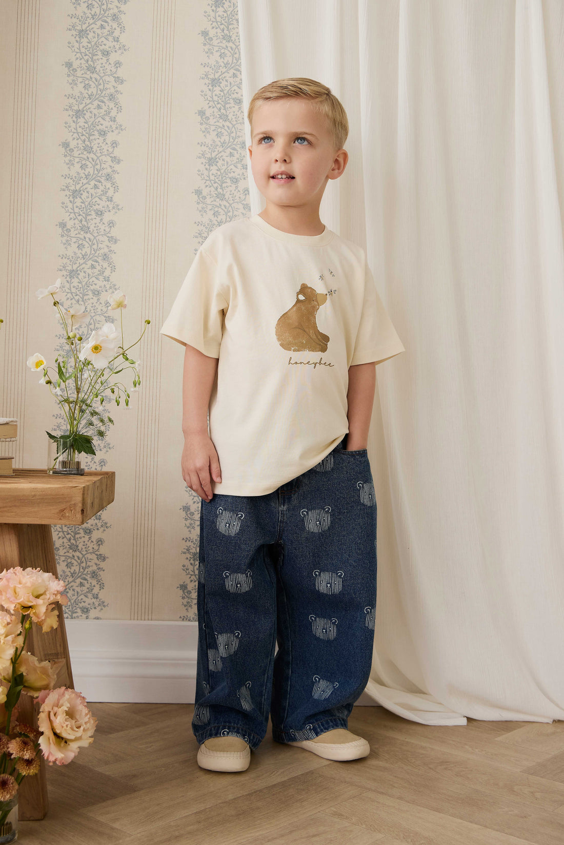 Organic Cotton Bjorn Tee - Cloud Honeybee Bear Childrens Top from Jamie Kay Australia