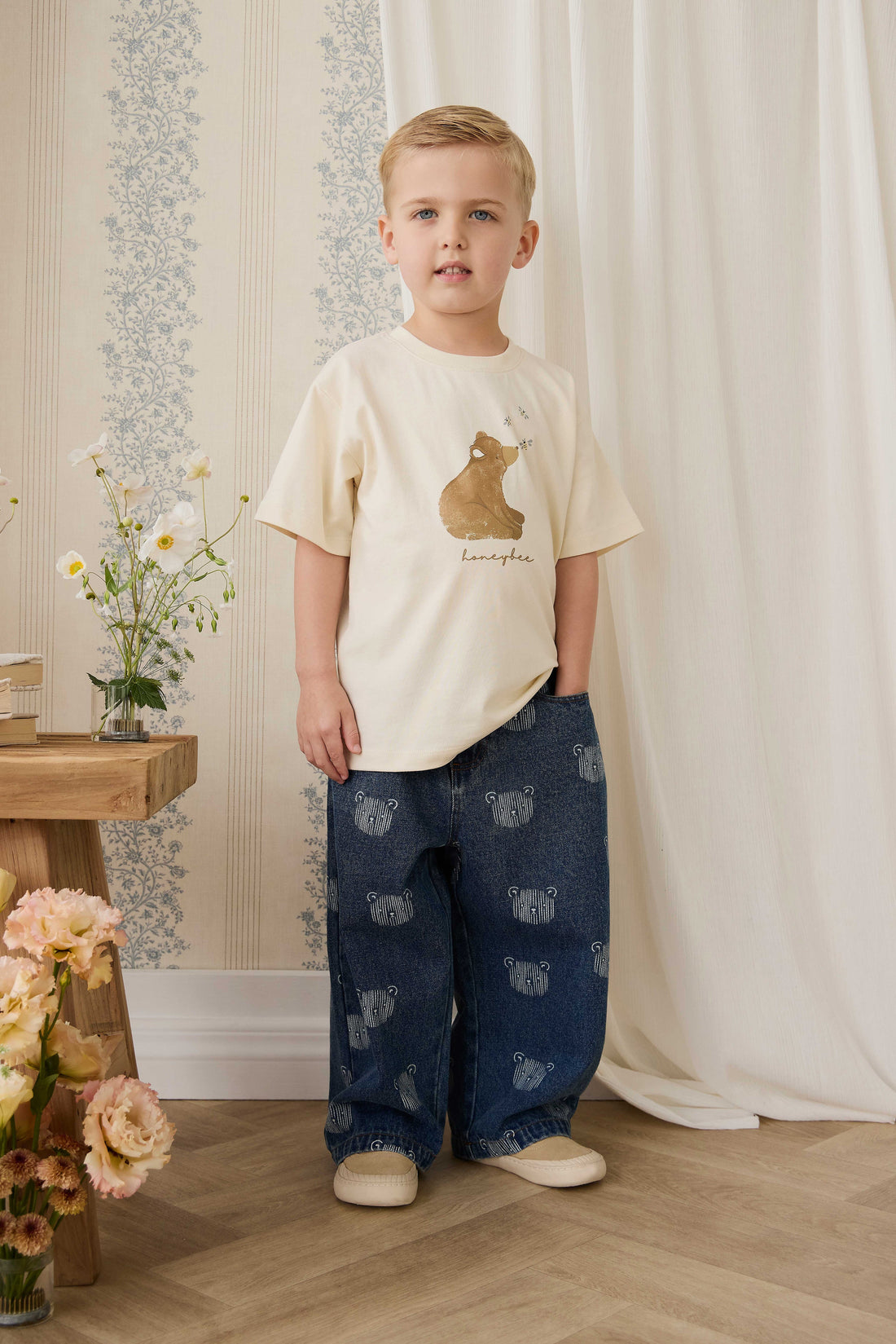 Organic Cotton Bjorn Tee - Cloud Honeybee Bear Childrens Top from Jamie Kay Australia
