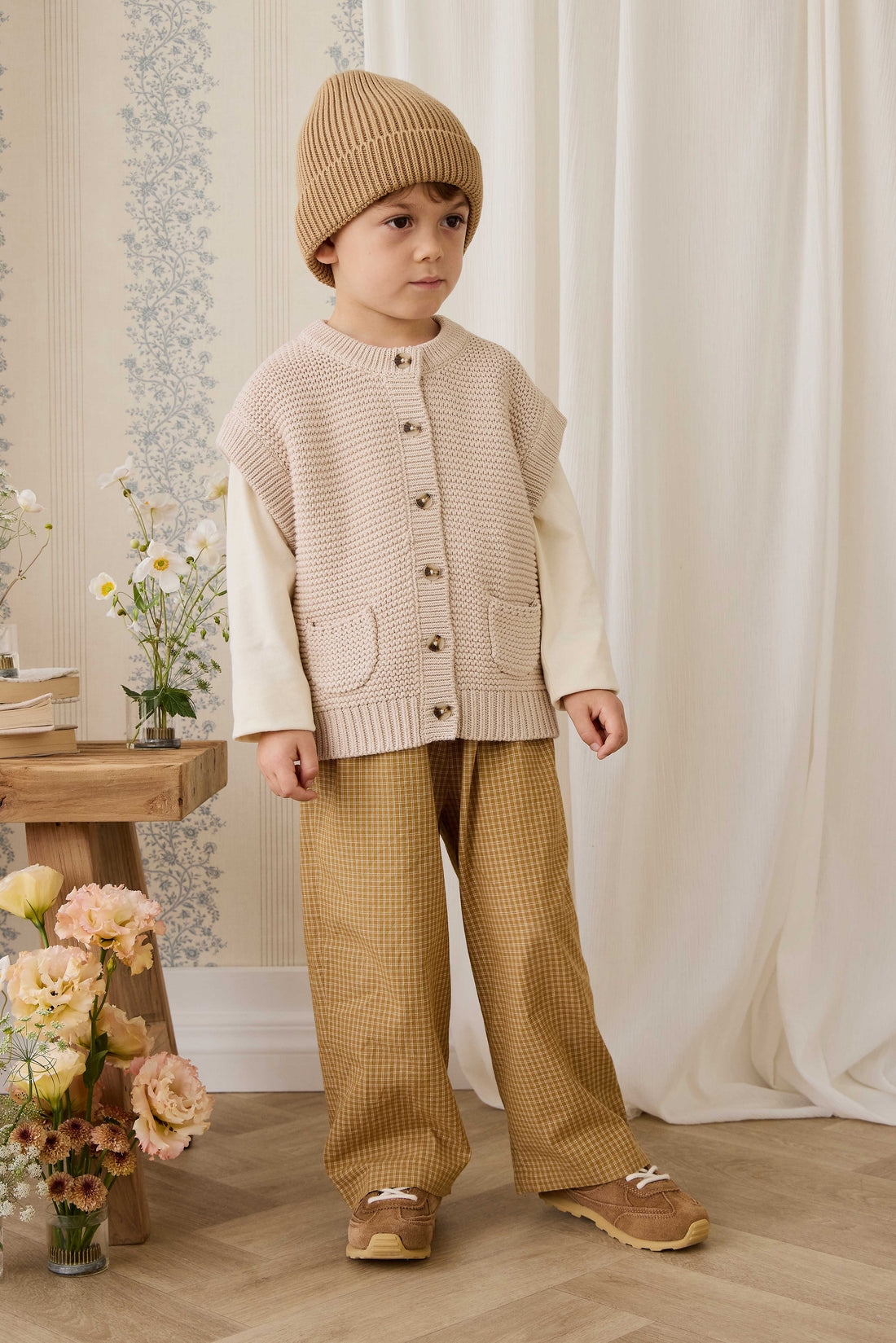 Organic Cotton Kenji Pant - Windowpane Check Buckwheat Childrens Pant from Jamie Kay Australia