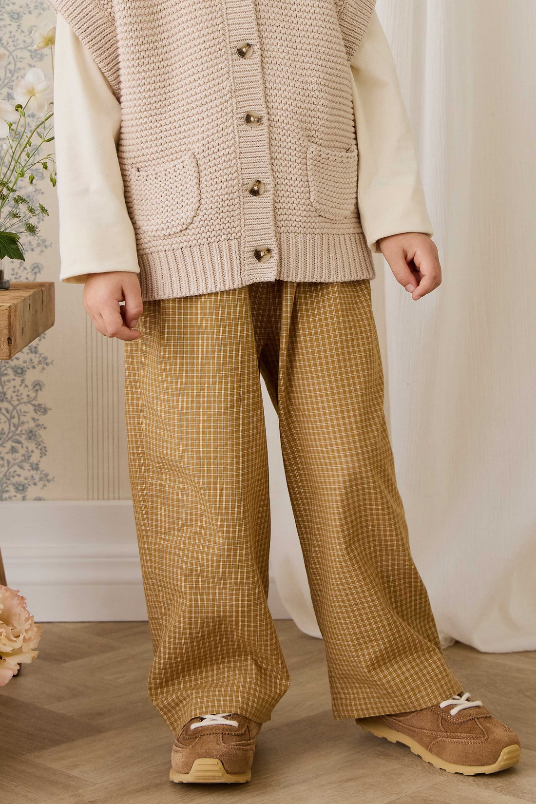 Organic Cotton Kenji Pant - Windowpane Check Buckwheat Childrens Pant from Jamie Kay Australia