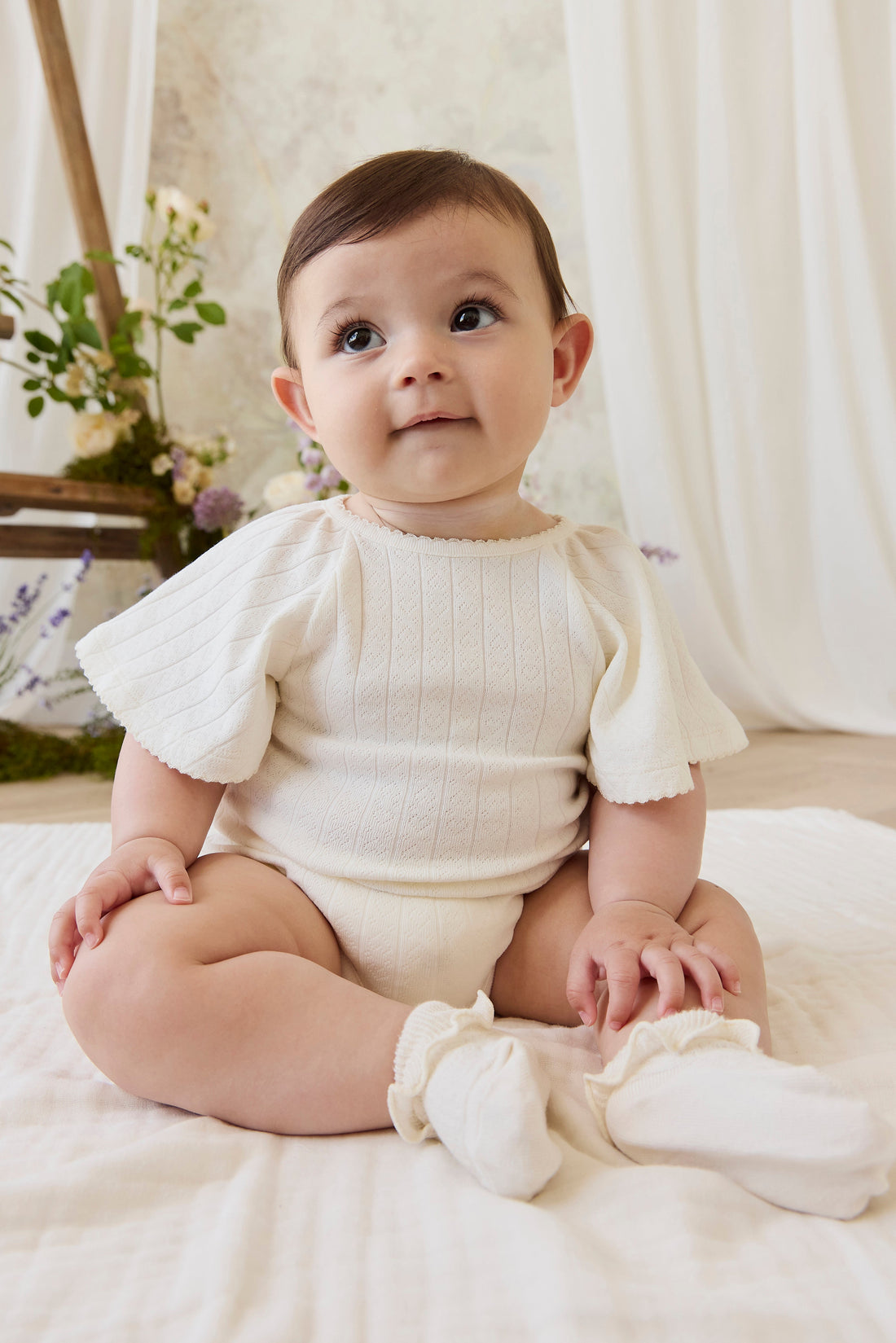 Organic Cotton Josephine Playsuit - Sweet Heart Pointelle Parchment Childrens Playsuit from Jamie Kay Australia