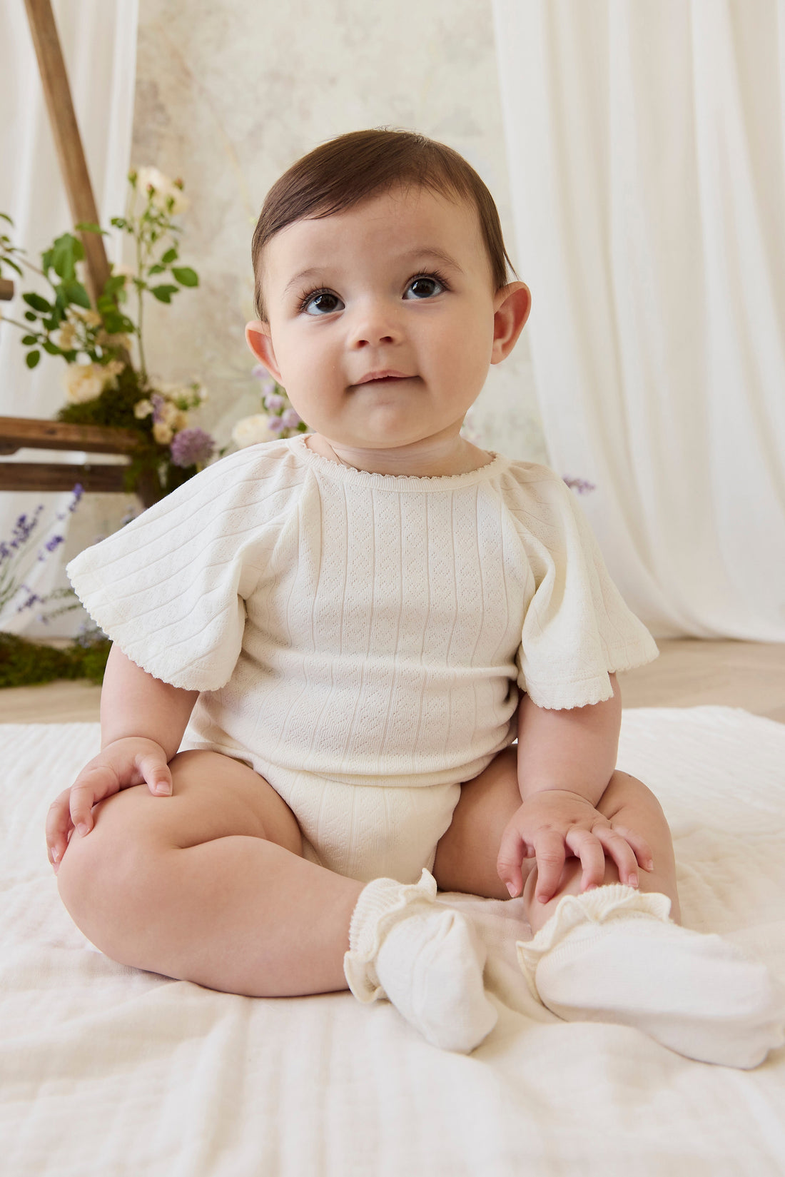Organic Cotton Josephine Playsuit - Sweet Heart Pointelle Parchment Childrens Playsuit from Jamie Kay Australia