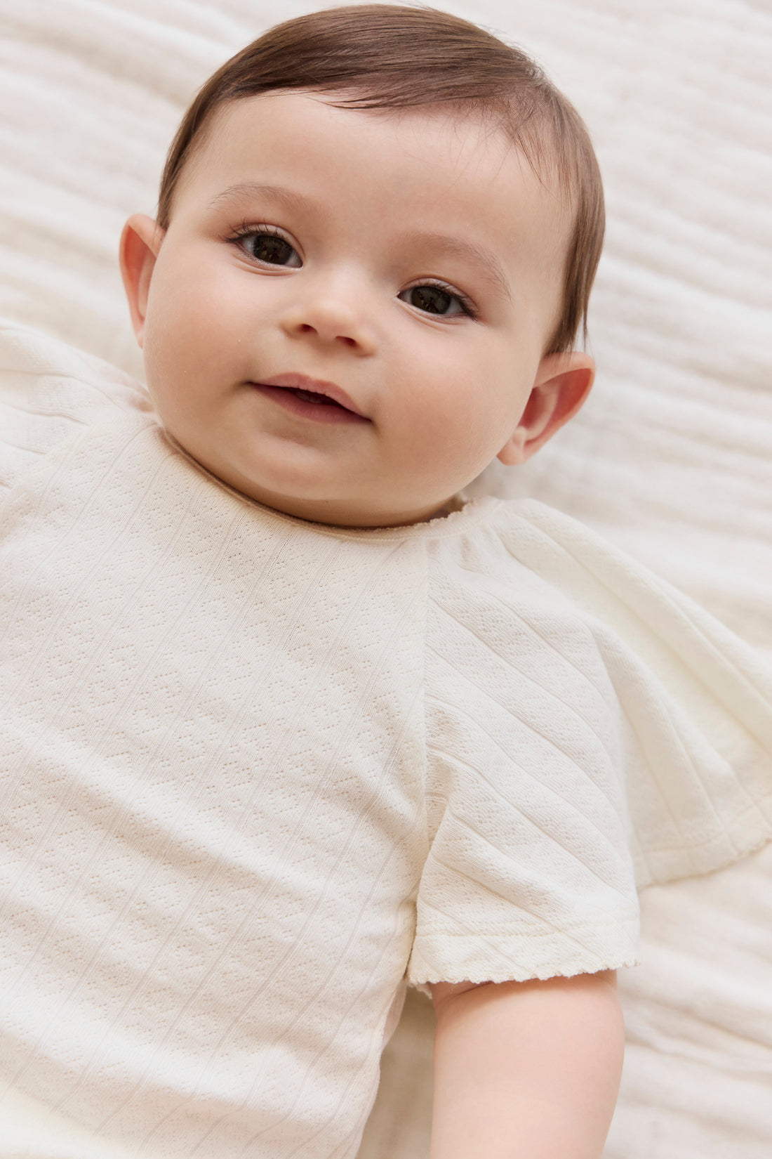 Organic Cotton Josephine Playsuit - Sweet Heart Pointelle Parchment Childrens Playsuit from Jamie Kay Australia
