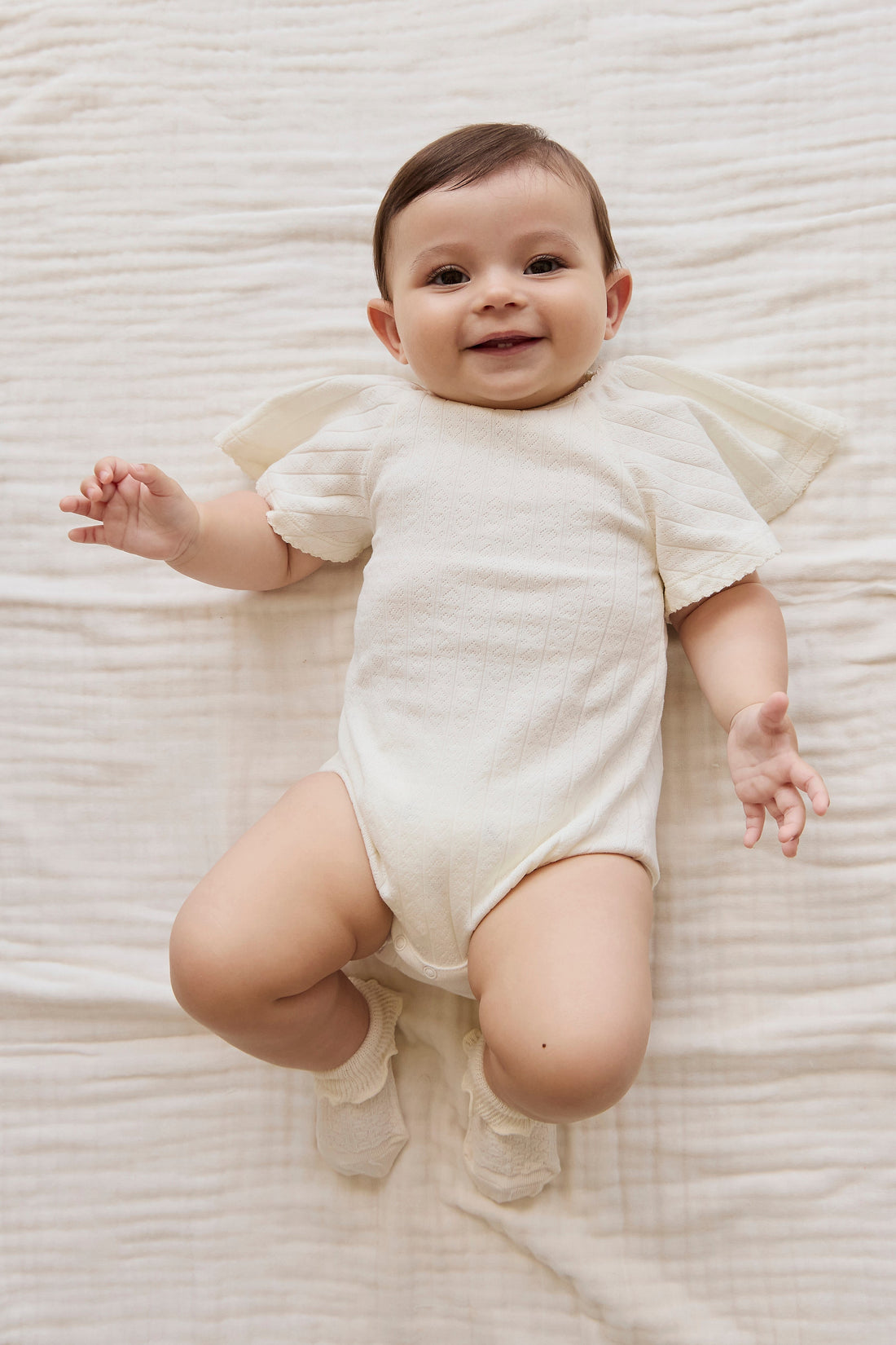 Organic Cotton Josephine Playsuit - Sweet Heart Pointelle Parchment Childrens Playsuit from Jamie Kay Australia