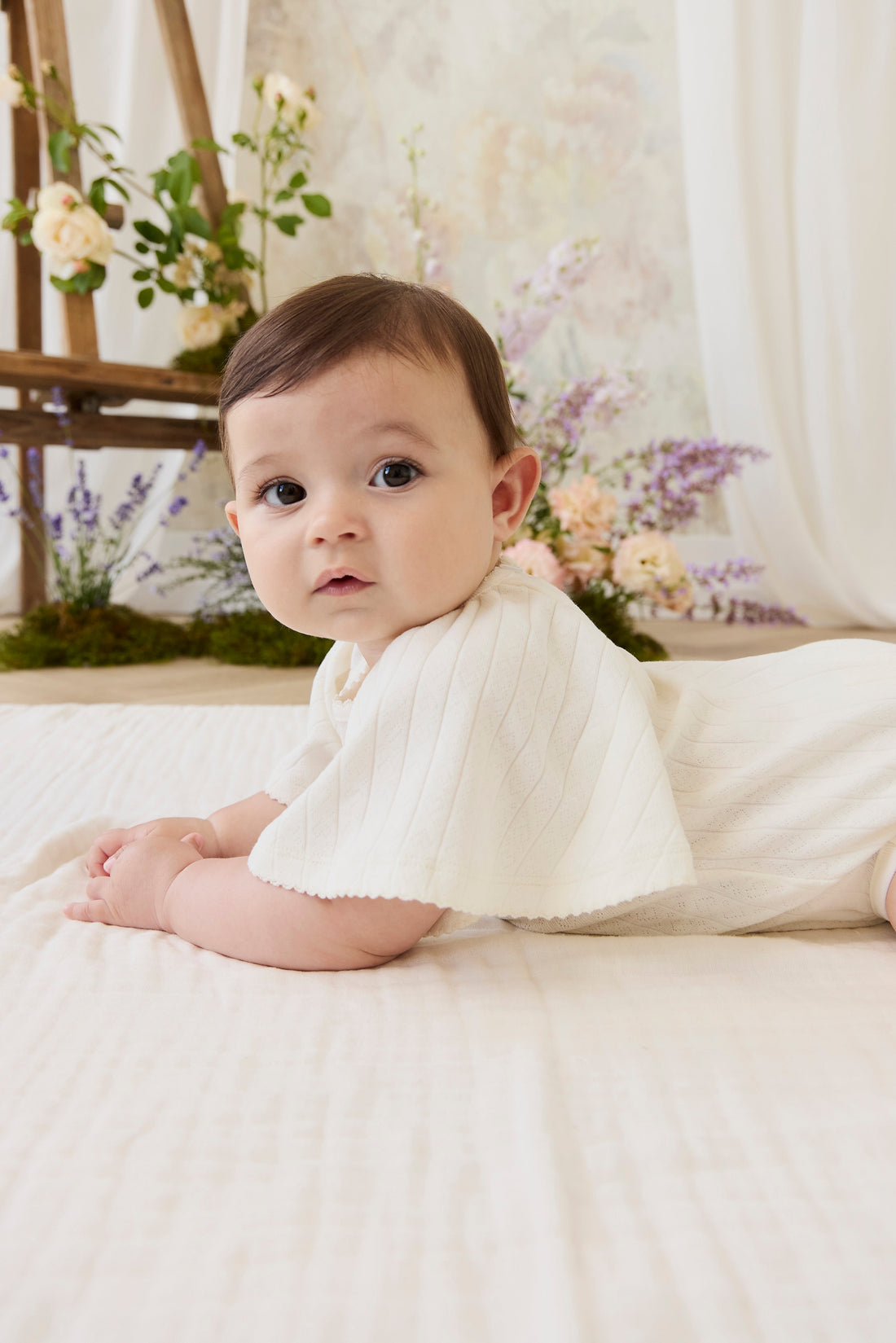 Organic Cotton Josephine Playsuit - Sweet Heart Pointelle Parchment Childrens Playsuit from Jamie Kay Australia