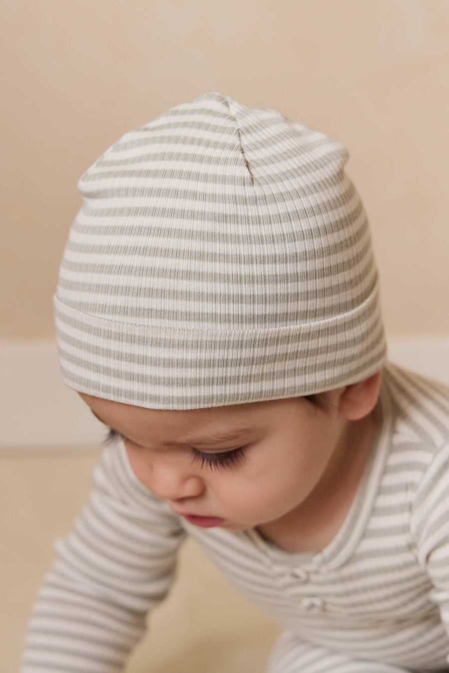 Organic Cotton Modal Lennon Beanie - Narrow Stripe Moss/Cloud Childrens Beanie from Jamie Kay Australia