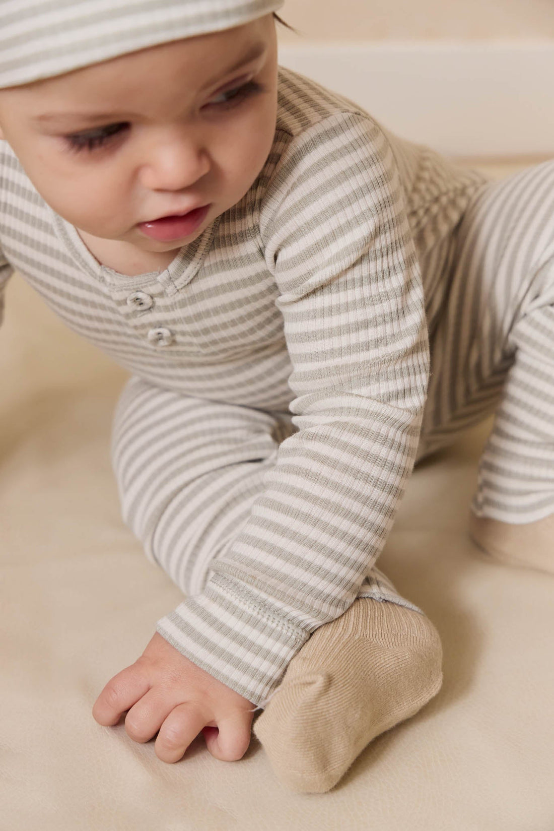 Organic Cotton Modal Long Sleeve Bodysuit - Narrow Stripe Moss/Cloud Childrens Bodysuit from Jamie Kay Australia