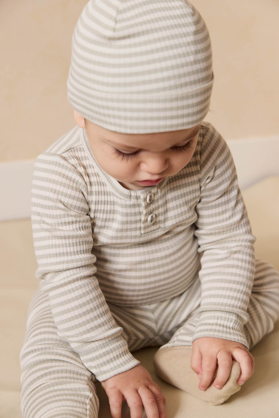 Organic Cotton Modal Long Sleeve Bodysuit - Narrow Stripe Moss/Cloud Childrens Bodysuit from Jamie Kay Australia