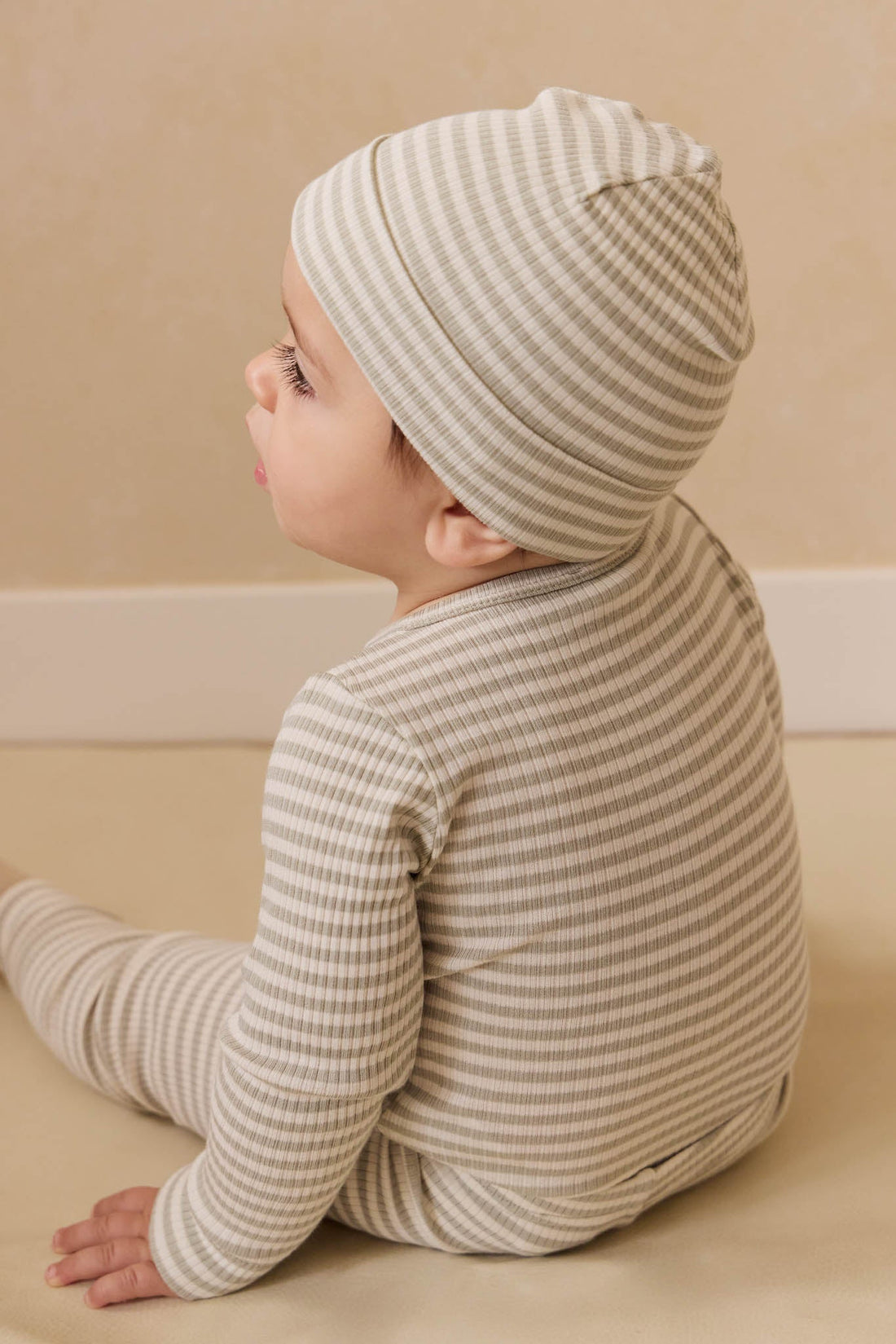 Organic Cotton Modal Lennon Beanie - Narrow Stripe Moss/Cloud Childrens Beanie from Jamie Kay Australia