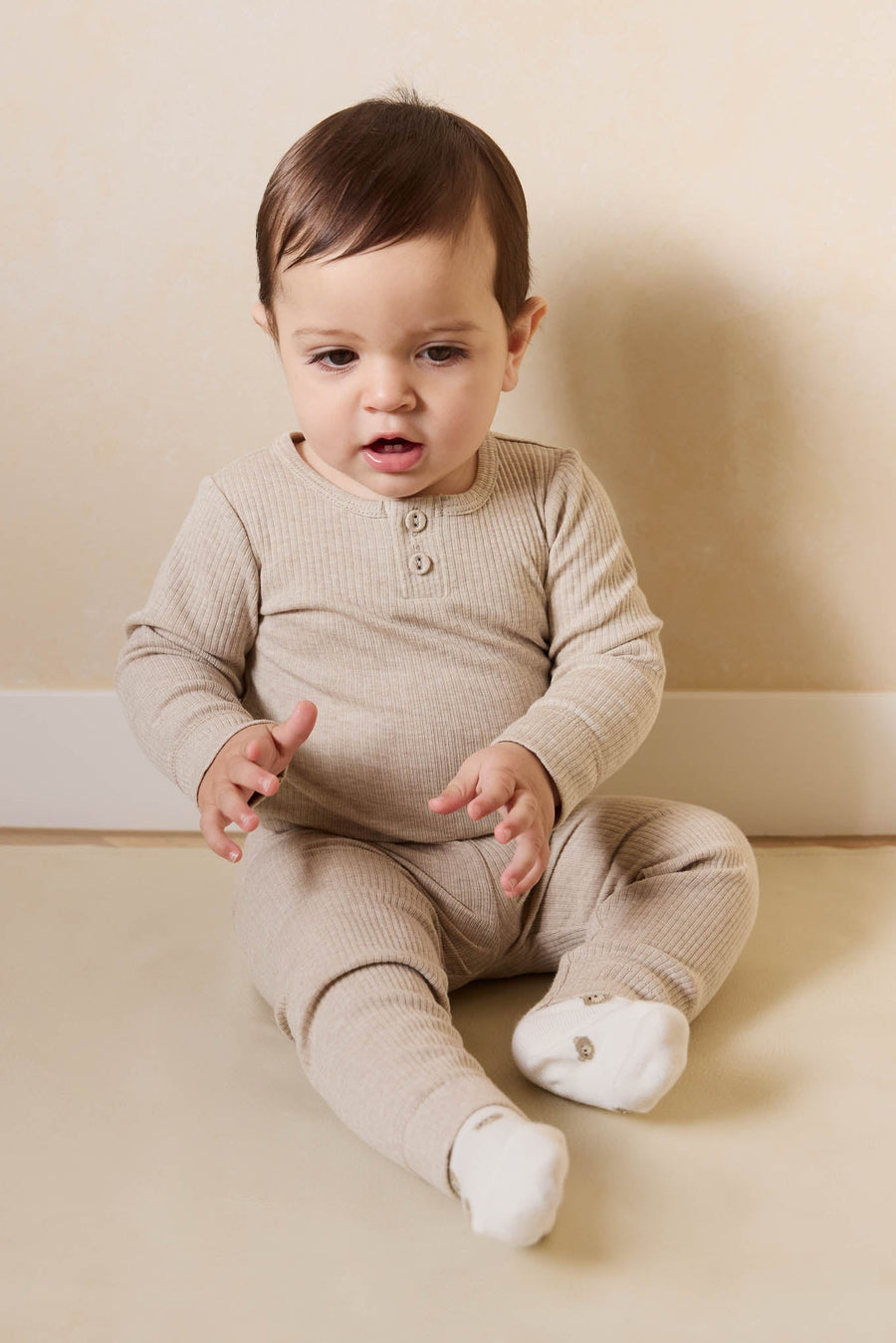 Organic Cotton Modal Long Sleeve Bodysuit - Biscuit Marle Childrens Bodysuit from Jamie Kay Australia