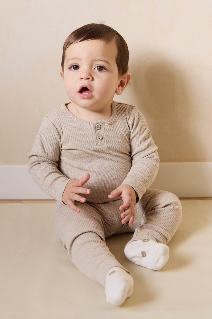 Organic Cotton Modal Long Sleeve Bodysuit - Biscuit Marle Childrens Bodysuit from Jamie Kay Australia