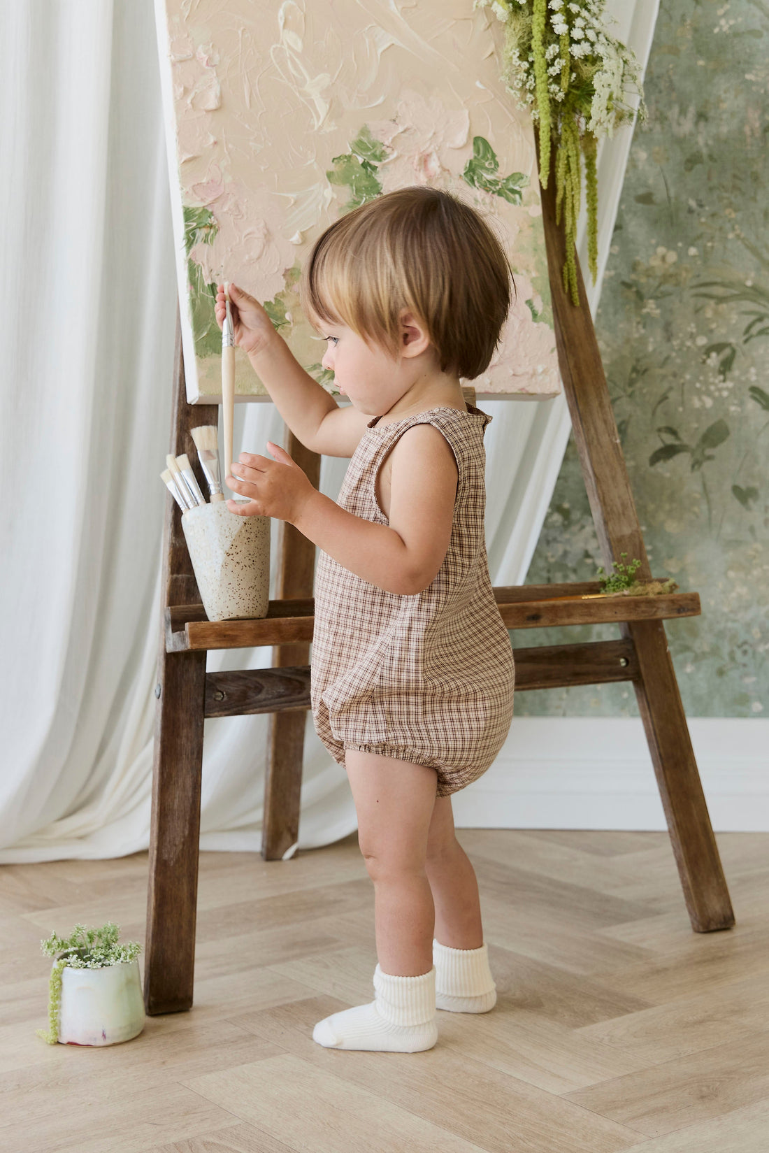 Organic Cotton Bentley Playsuit - Cabin Check Cocoa Childrens Playsuit from Jamie Kay Australia